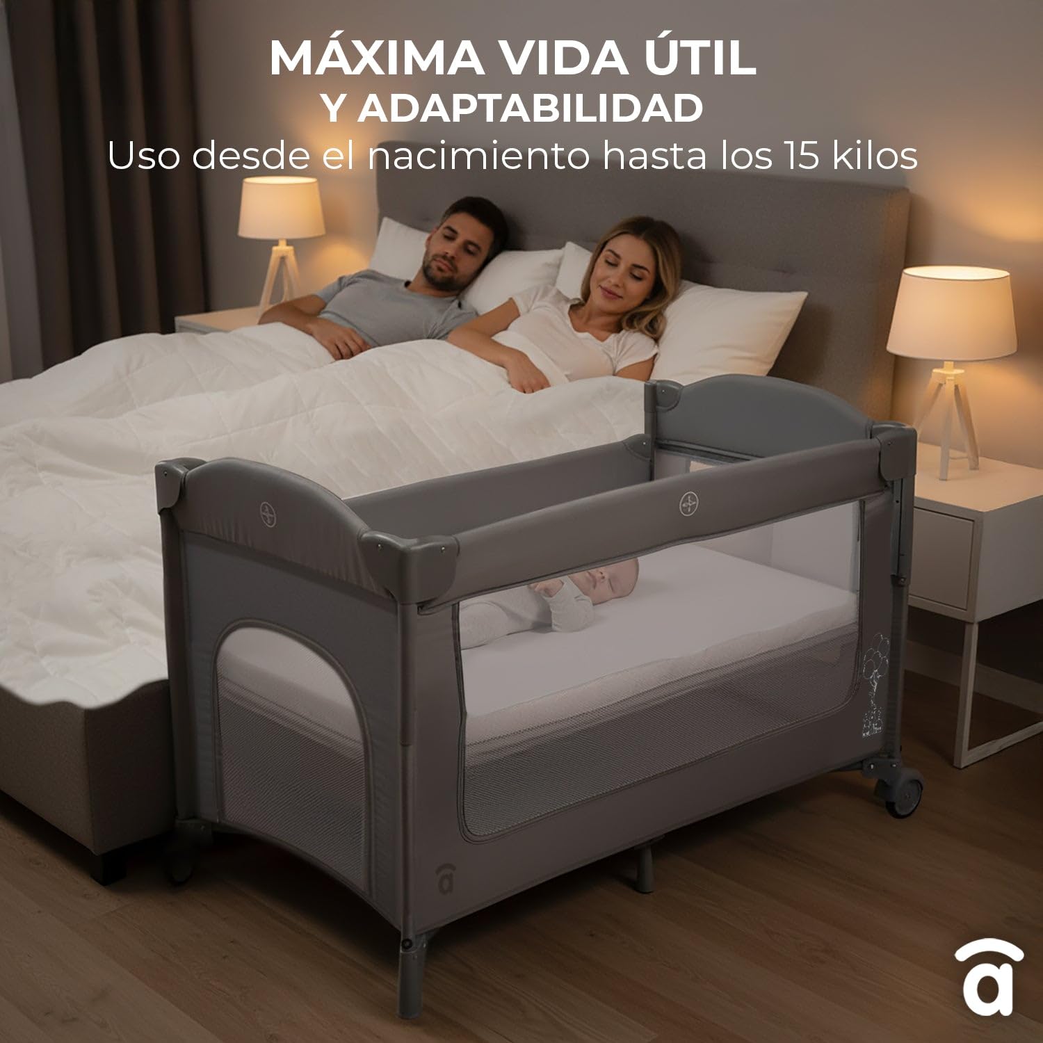 Asalvo Cuna de Viaje Colecho Together 2 en 1 – Cuna Bebé Plegable con Doble Altura, Correas de Seguridad, Ruedas con Freno y Bolsa Transporte – Desde Nacimiento hasta 15 kg – Gris