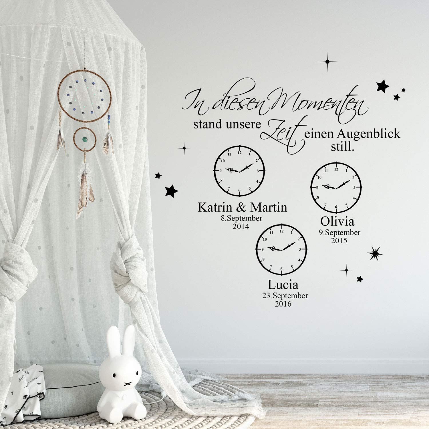 Wandtattoo " In diesen Momenten stand unsere Zeit einen Augenblick still " mit Wunschdaten M2442 - ausgewählte Farbe: *rosa* ausgewählte Größe: *L - 120cm hoch x 120cm breit*