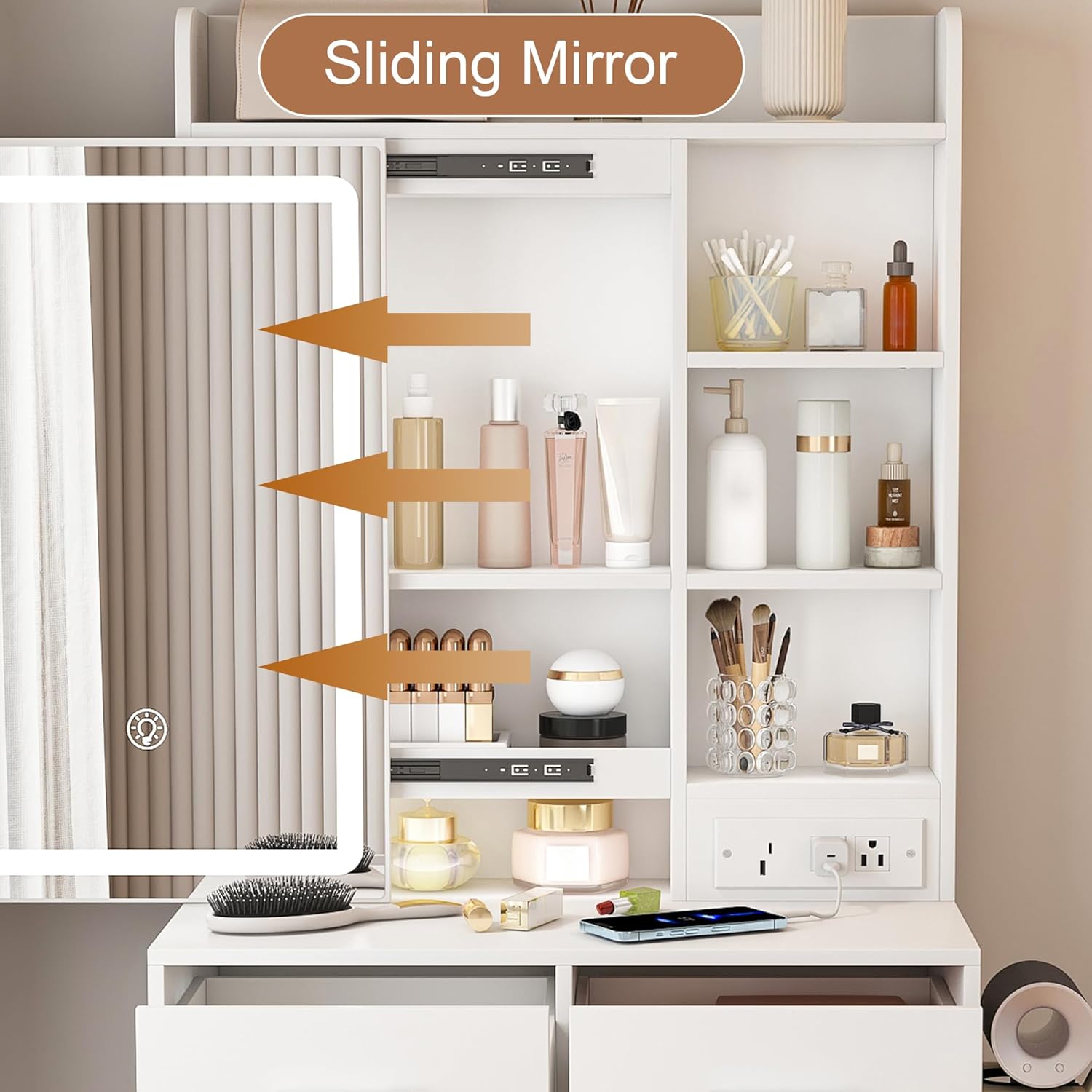 Teen Vanity Desk with Chair, Mini Vanity Desk with Power Outlet, 2 Drawers, Girls Vanity Set with Mirror and Stool and Lights, Hidden Compartment, Hairdryer Rack for Bedroom