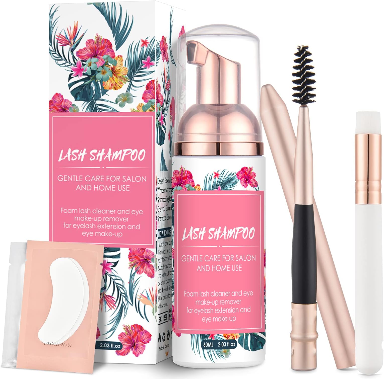 Lash Extension Shampoo 60ml, Eyelash Shampoo For Lash Extensions, Eyelid Foaming Cleanser With Brush, Eyelash Wash and Eye Makeup Remover for Salon Home Use with Mascara Wand and 2 Pairs Eye Gel Pads