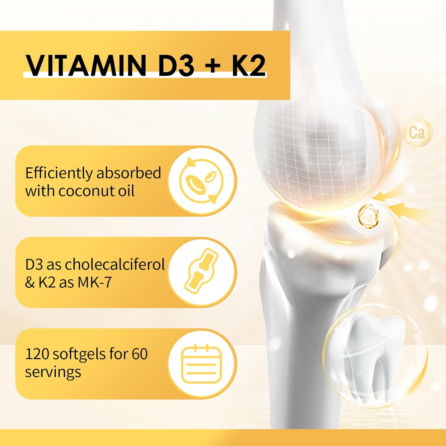 Vitamin D3 K2 Supplement with Vitamin D3 5000 IU, 200 mcg Vitamin K2 MK-7 & Natural Coconut Oil, Plant Based 2-1 Formula for Bone, Teeth, Muscle and Immune Health Support,120 Softgel Capsules