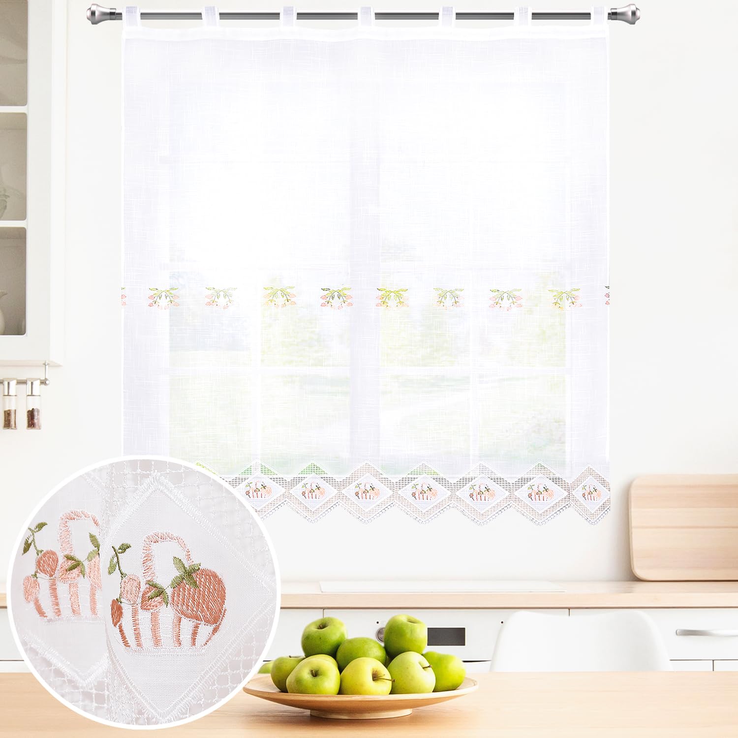 BOD HOME, 1 Pieza, Cortina Translúcida con Trabillas para Cocina, Color Blanco Fresas, Comedor, Cortina Media Altura,Poliéster, Diseños Bordados, Fácil Uso e Instalación. AnchoxAlto:150X180cm