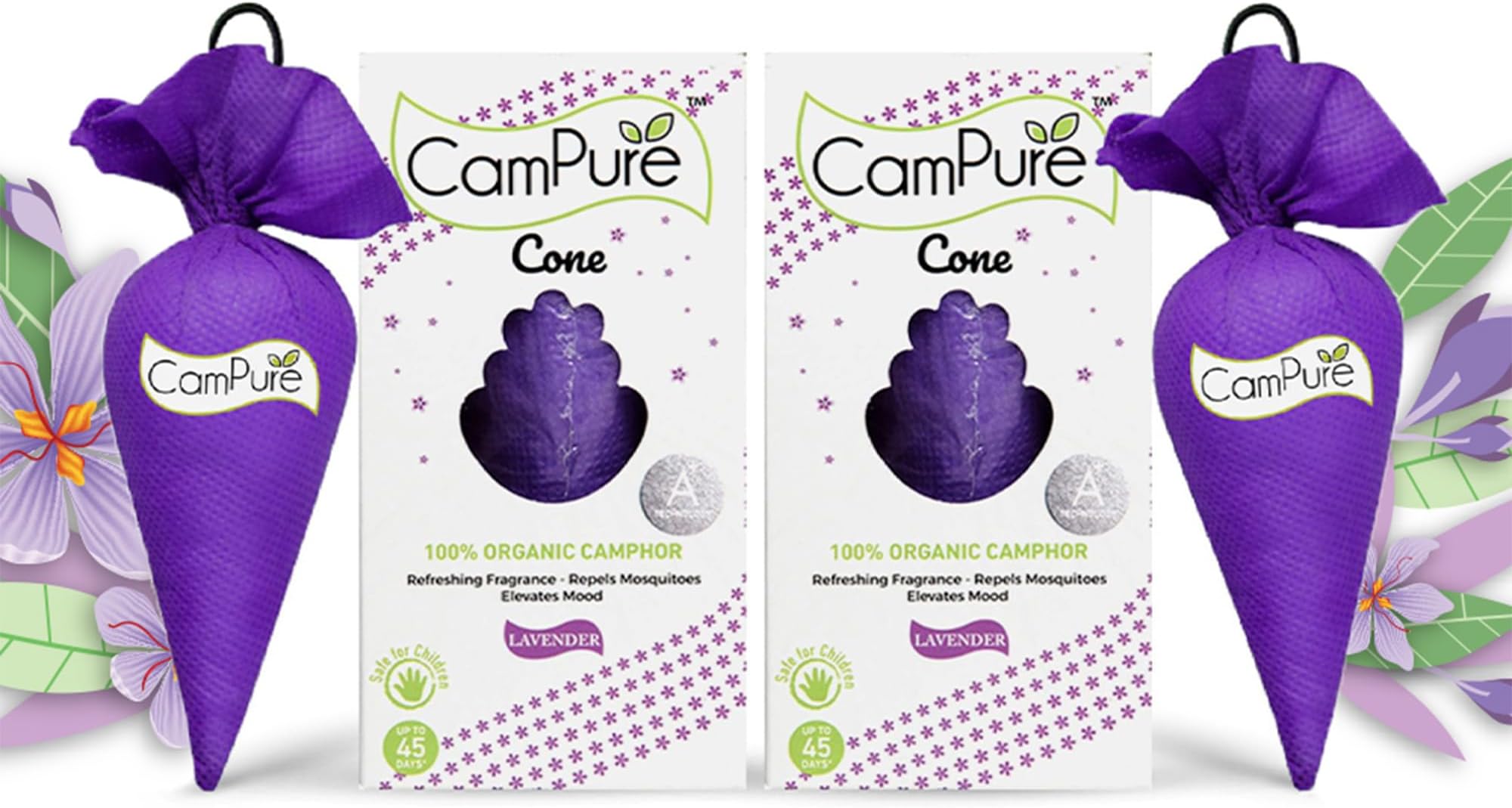 CamPure Camphor Cone (Lavender) Pack Of 2 - Room, Car and Bathroom Air Freshener