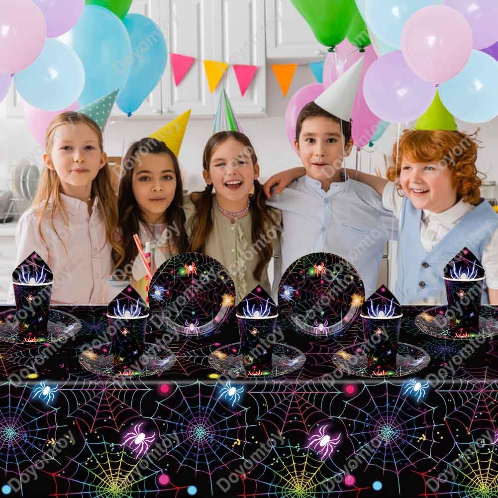 Stoviglie per Feste Halloween,Doyomtoy Ragno Compleanno Decorazioni Piatti di Compleanno, Tazze, Tovaglioli per Bambini Halloween Ragno Decorazioni 20 Ospiti