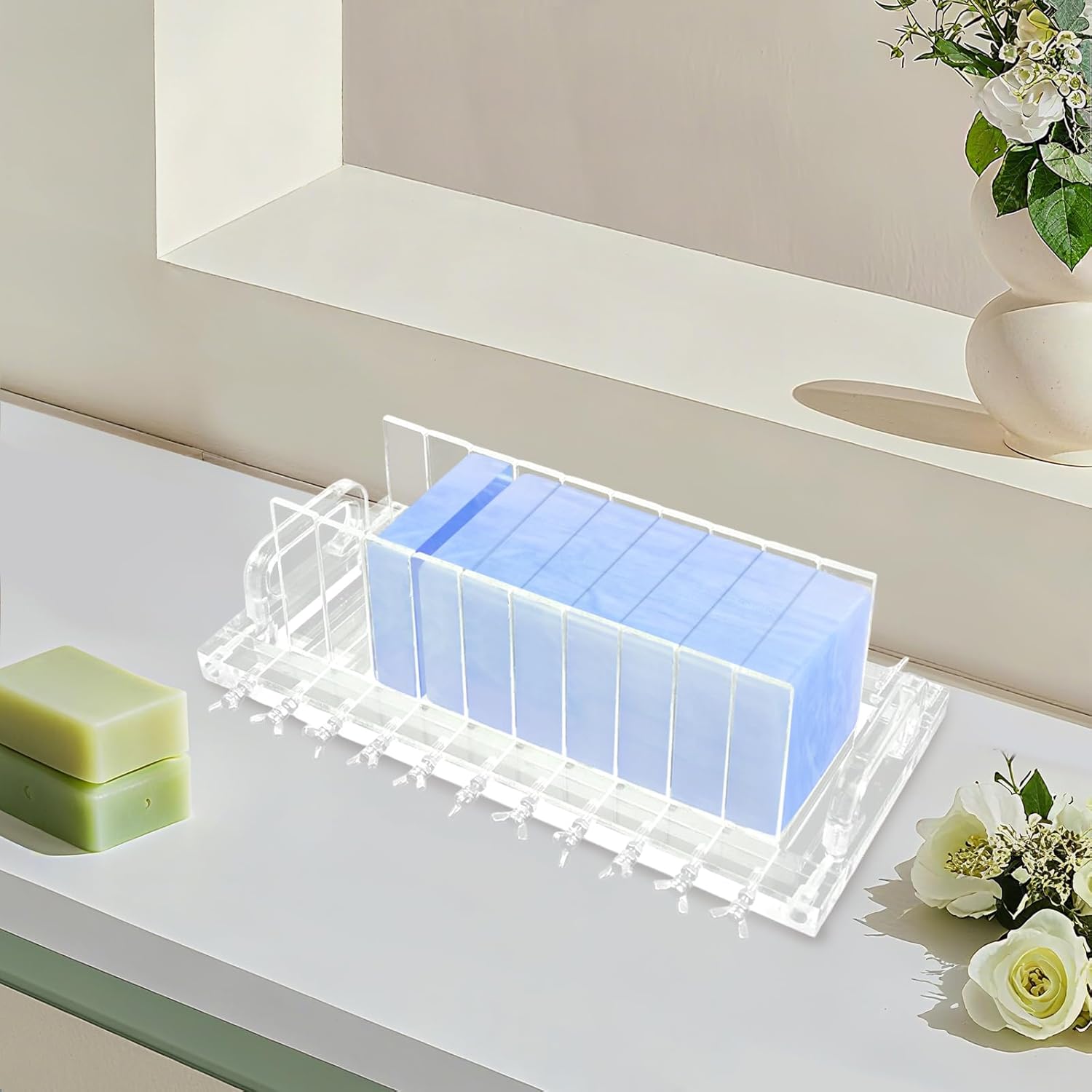 Soap Cutter, Acrylic Handmade Wire Soap Cutter Machine 10 Compartments Maximum Cutting 3.94in Ajustabale Length Multi-Function Soap Loaf Cutter for DIY Craft Soap Candle Butter Cheese Slicer