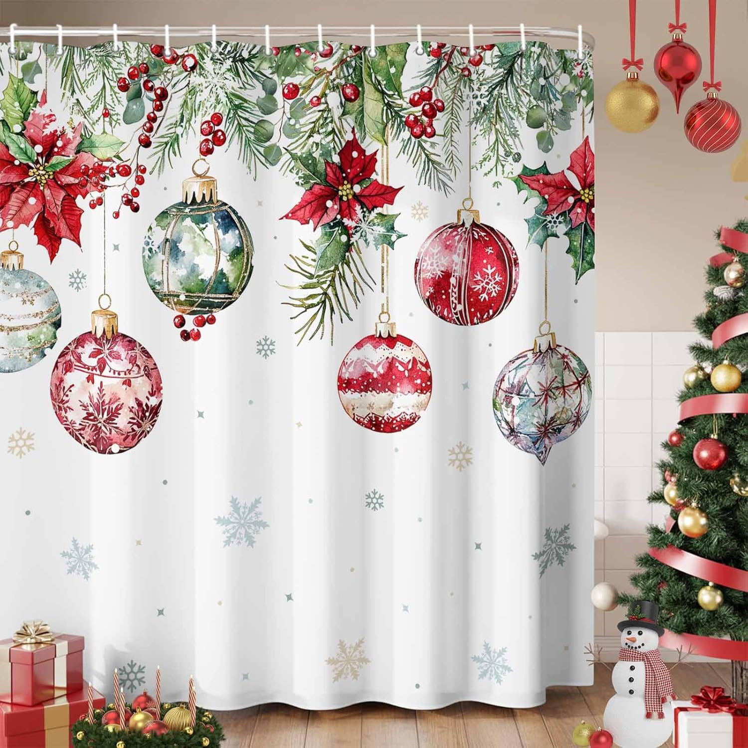 Christmas Shower Curtains for Bathroom Christmas Balls Winter Shower Curtain Set Pine Tree Branch Poinsettia Snowflake Waterproof Polyester Bathroom Curtain with Hooks Home Decor Extra Long 72x84 Inch