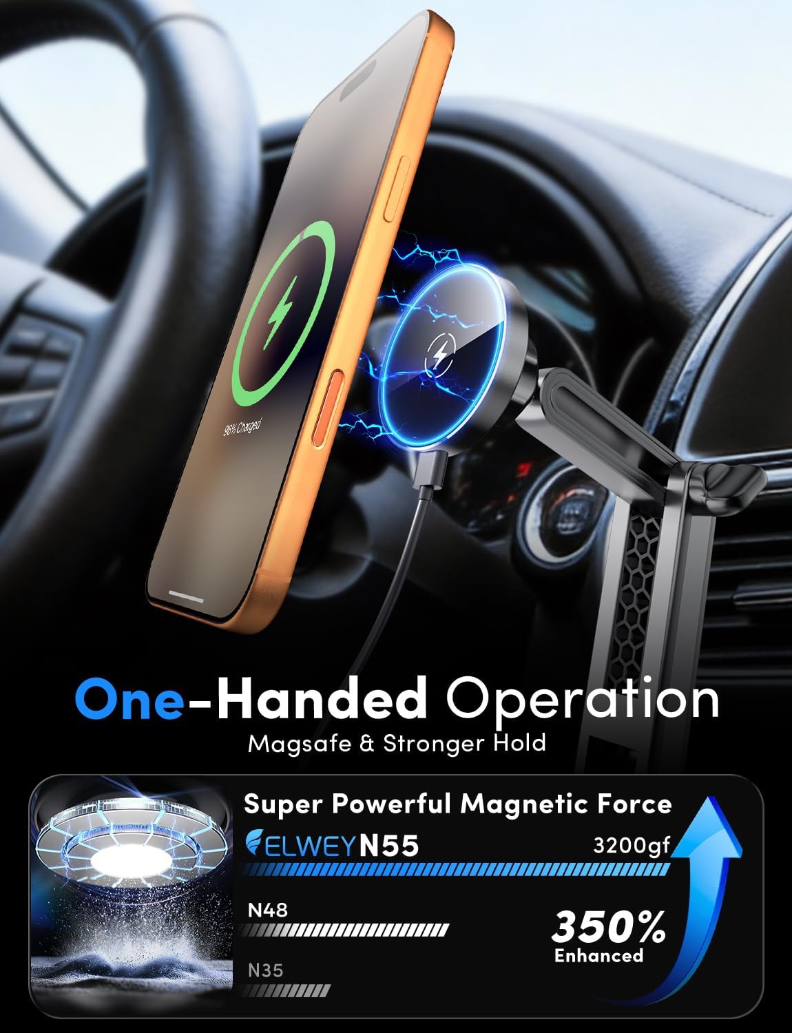 ELWEY for Magsafe Car Mount Charger Wireless, Upgraded 3 in 1 Cup Phone Holder with Dual Flexible Bases, 15W Fast Charging Phone Holder Magnetic, Powerful N55 Magnet, 15" Height, for iPhone 17 16 15