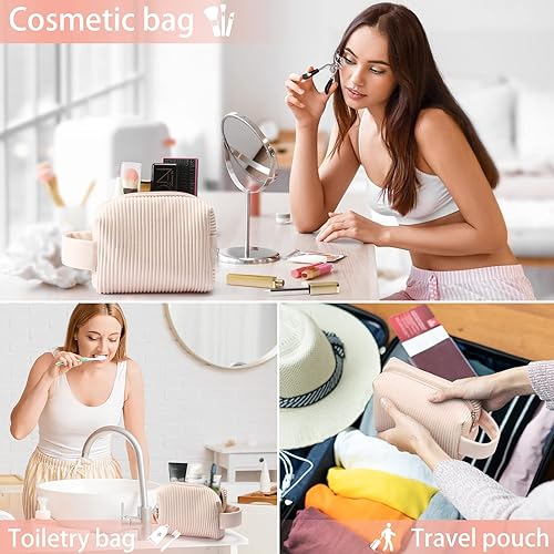 Miniatura 4 de LIYSOCA Pequeña bolsa de maquillaje de piel sintética a rayas, bolsa de maquillaje portátil de viaje, bolsa de cosméticos impermeable con asa,