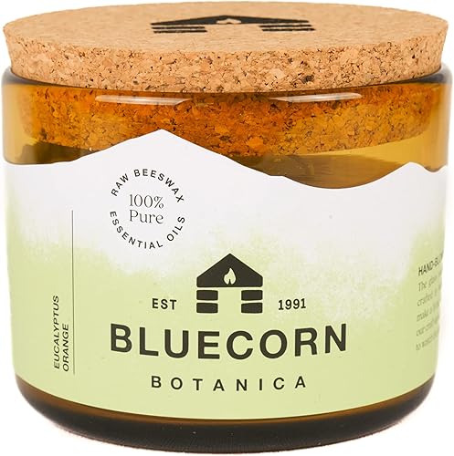 Vela de aceite esencial de eucalipto y naranja y cera de abeja pura en vidrio soplado. Vela Bluecorn Beeswax Botanica de 3 mechas perfumada no