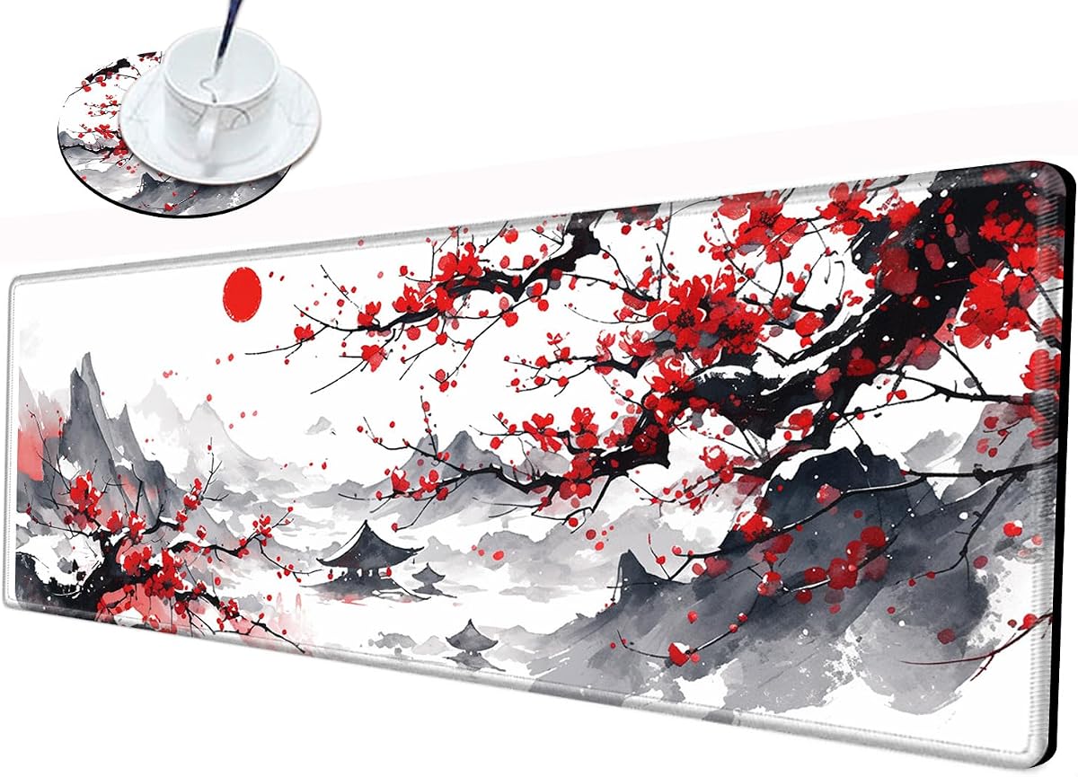Cherry Blossom Mouse Pad Sakura 36x12 Desk Mat Japanese Desk Pad Gaming Large Mousepad Long Mouse Mat Extended Computer Mat for Wireless Mouse Non Slip Work Women
