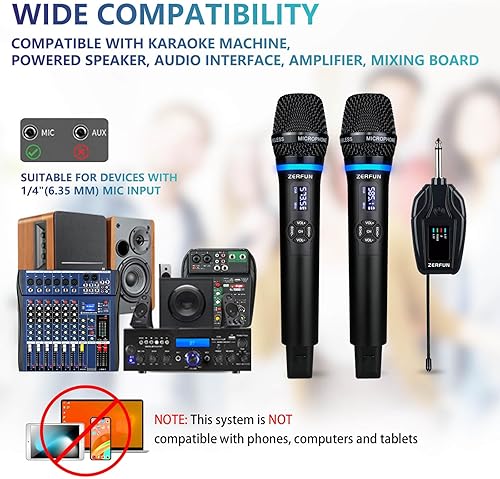 Miniatura 9 de Micrófonos inalámbricos duales recargables, sistema de micrófono inalámbrico de metal UHF, micrófono inalámbrico profesional con Echo Treble BASS