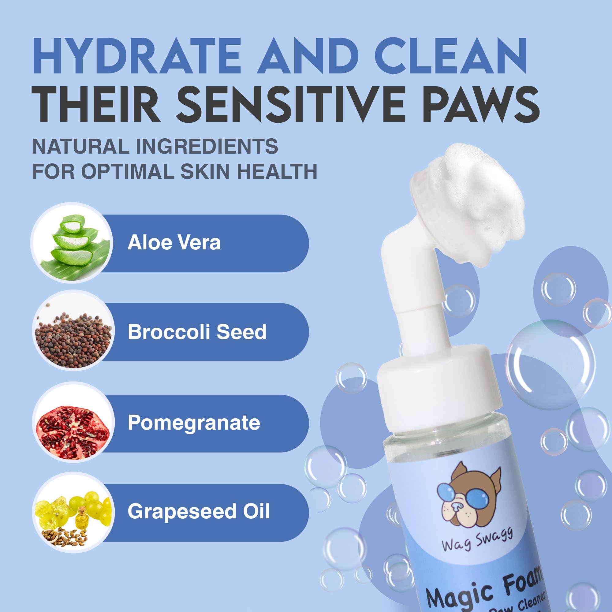 Wag Swagg Magic Foam Dog Paw Cleaner, No-Rinse Dog Feet Cleaner, pH Balanced Paw Wash Formula, Includes Paw Washer Silicone Brush, Vegan, Fragrance-Free, 6.8 fl oz