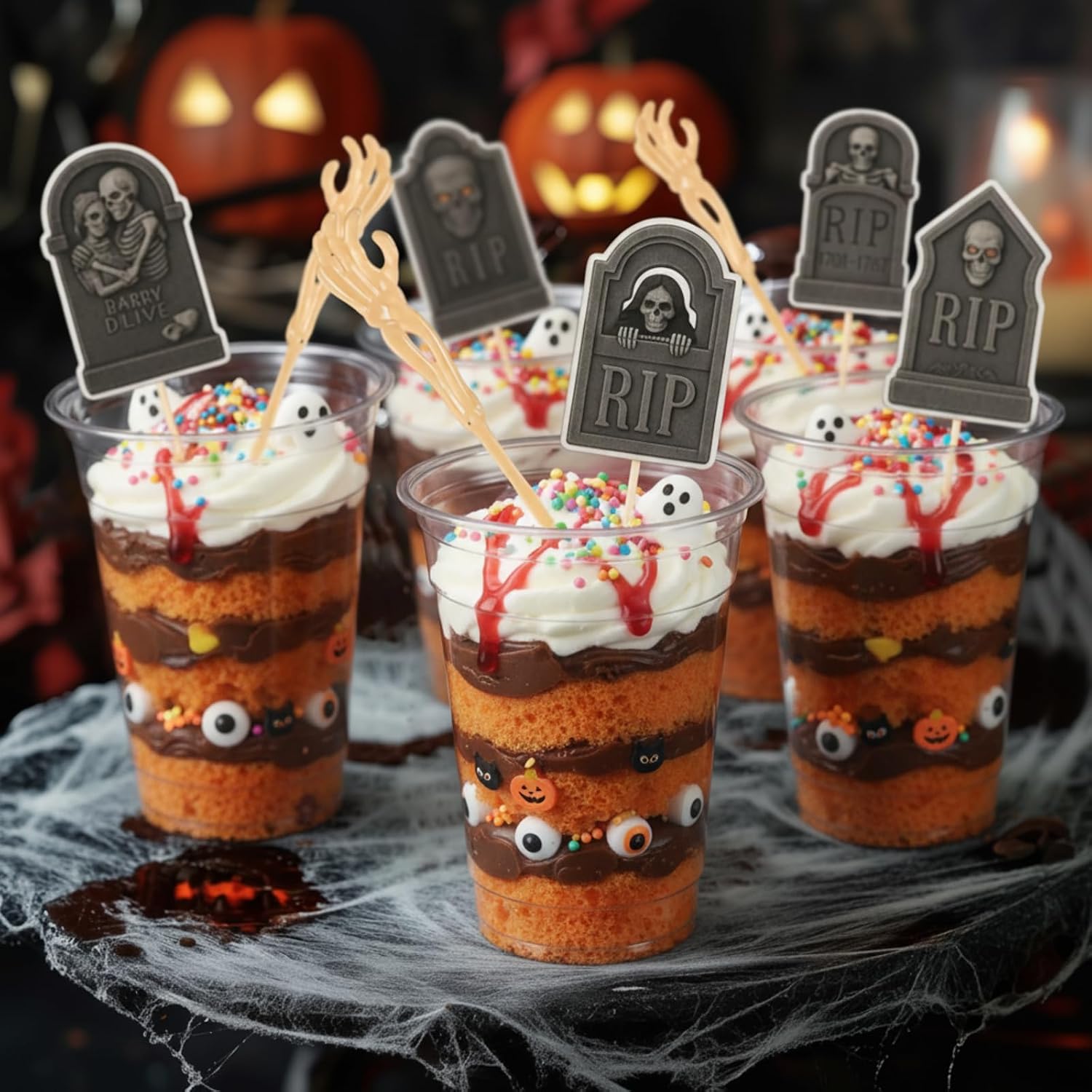 Honeydak 48 Set DIY Halloween Dirt Cups for Party Halloween Skeleton Hand Decorations Graveyard Tombstone Cake Toppers with Horror Zombie Hands Plastic Dessert Cups for Ghost Party(14 oz,Zombie Hands)