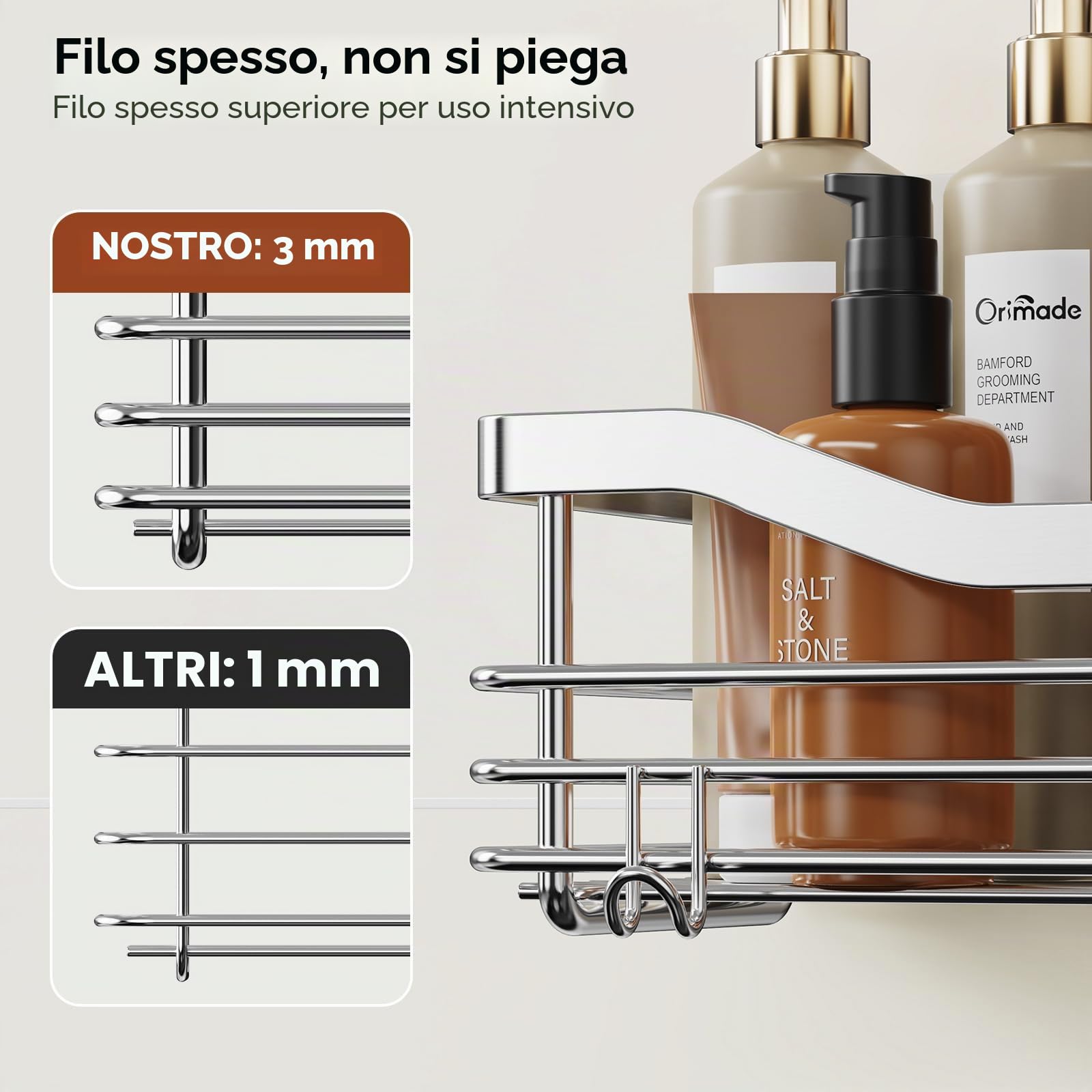 Orimade Acciaio inossidabile SUS304 - Porta doccia con 5 ganci per bagno, cestello per WC, cucina Spice Rack in acciaio SUS304, senza foratura, 2 confezioni