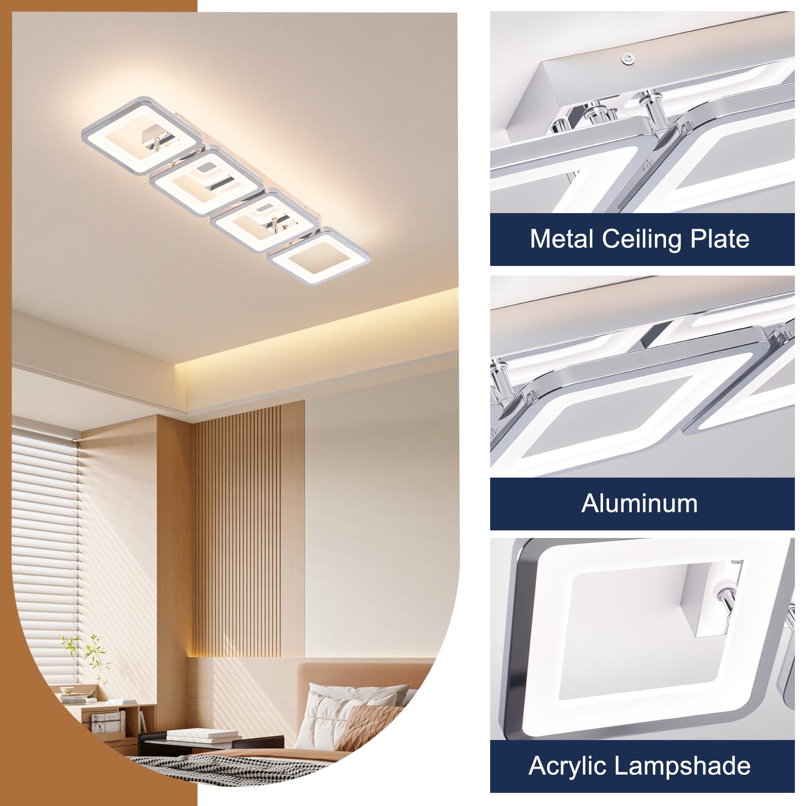 Nowoczesna lampa sufitowa LED, 69 cm, czarna, ściemnialna lampa sufitowa LED z pilotem, 4-kwadratowa srebrna lampa sufitowa do jadalni, sypialni, biura, kuchni, salonu, światła, 52 W
