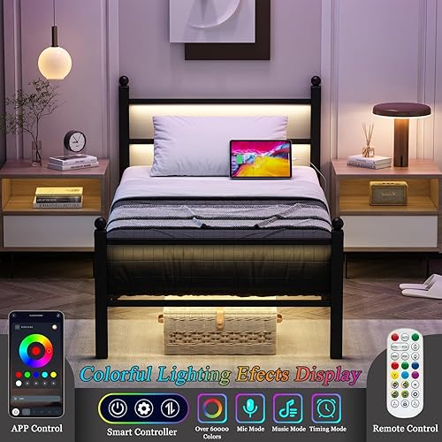 Miniatura 3 de Marcos de cama individuales con estación de carga y luces LED, marco de cama de metal tamaño individual con cabecera y pie de cama, plataforma de