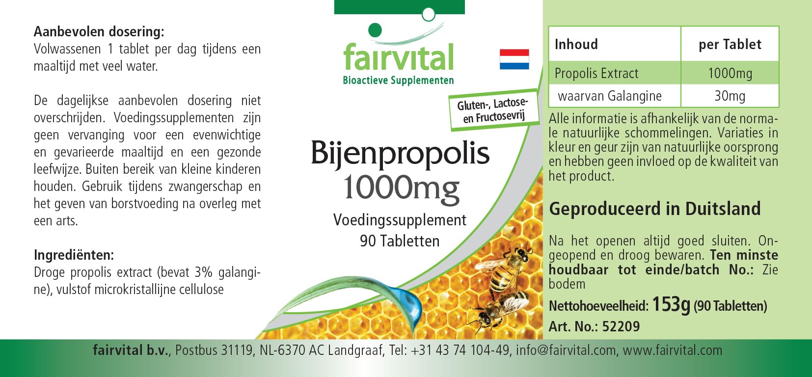 fairvital Propoli d'api 1000 mg, estratto naturale di resina d'api, con il 3% di galangina, ALTO DOSAGGIO, 90 compresse