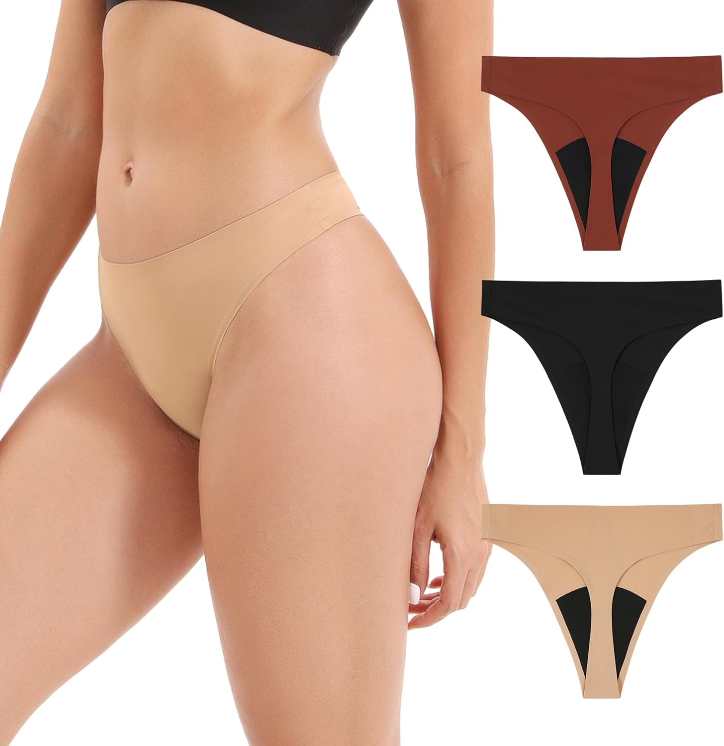 INNERSY Period Thongs Underwear for Women Seamless Thongs No Show Sexy Panties 3-Pack