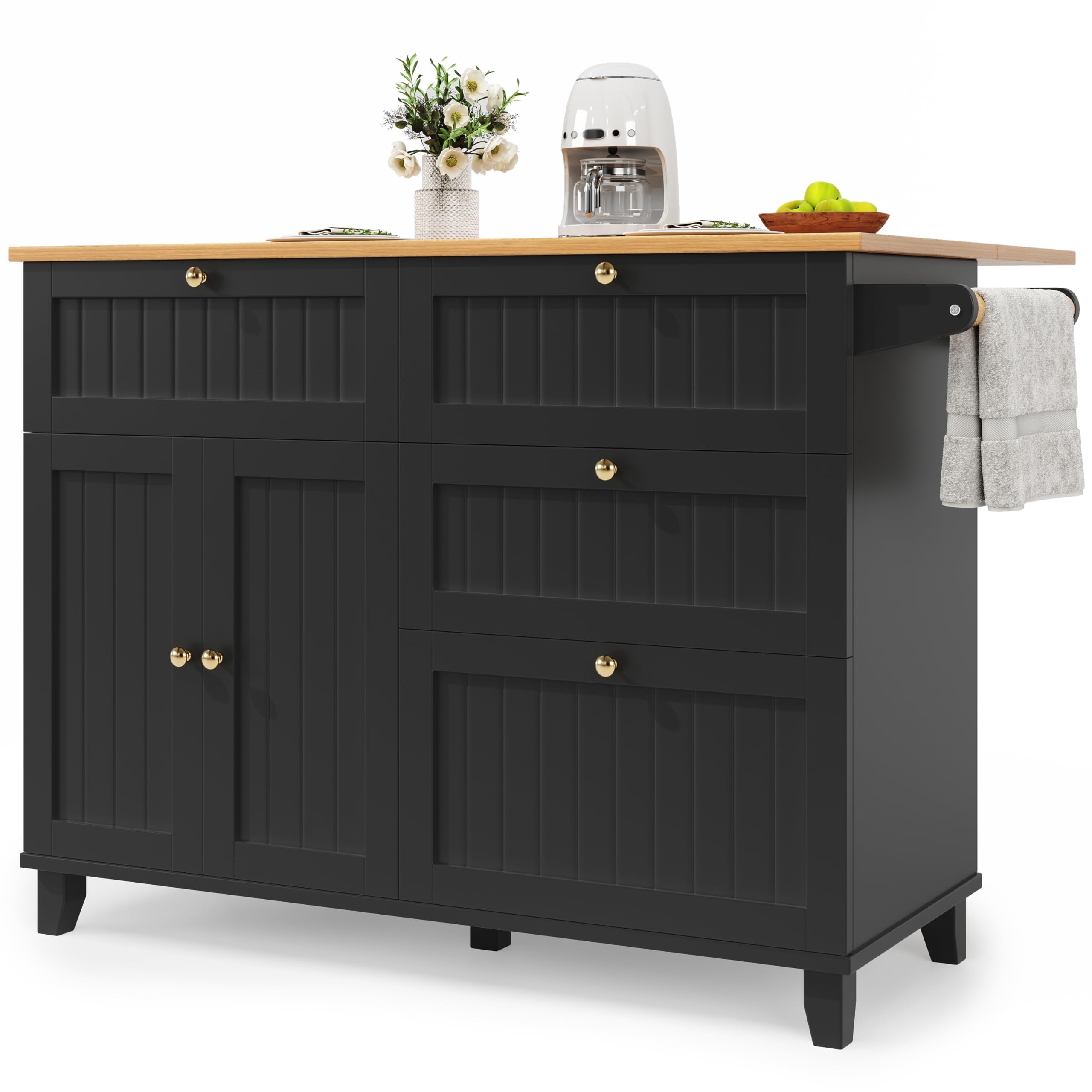 Bladez Isola cucina con ruote e piano estraibile, carrello cucina multifunzione con tavolo integrato, cassetti e ripiani, penisola cucina e scrivania angolare, mobile salvaspazio nero