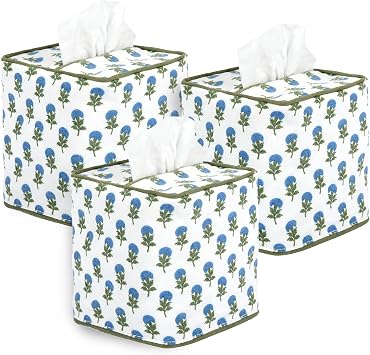 3Pcs Blue Flower Cotton Tissue Box Cover Hand Block Printed 5" x 5" x 5.5" Square Soft Reusable Floral Napkin Holder for Home Kitchen Dining Bathroom Office Cafe Blue