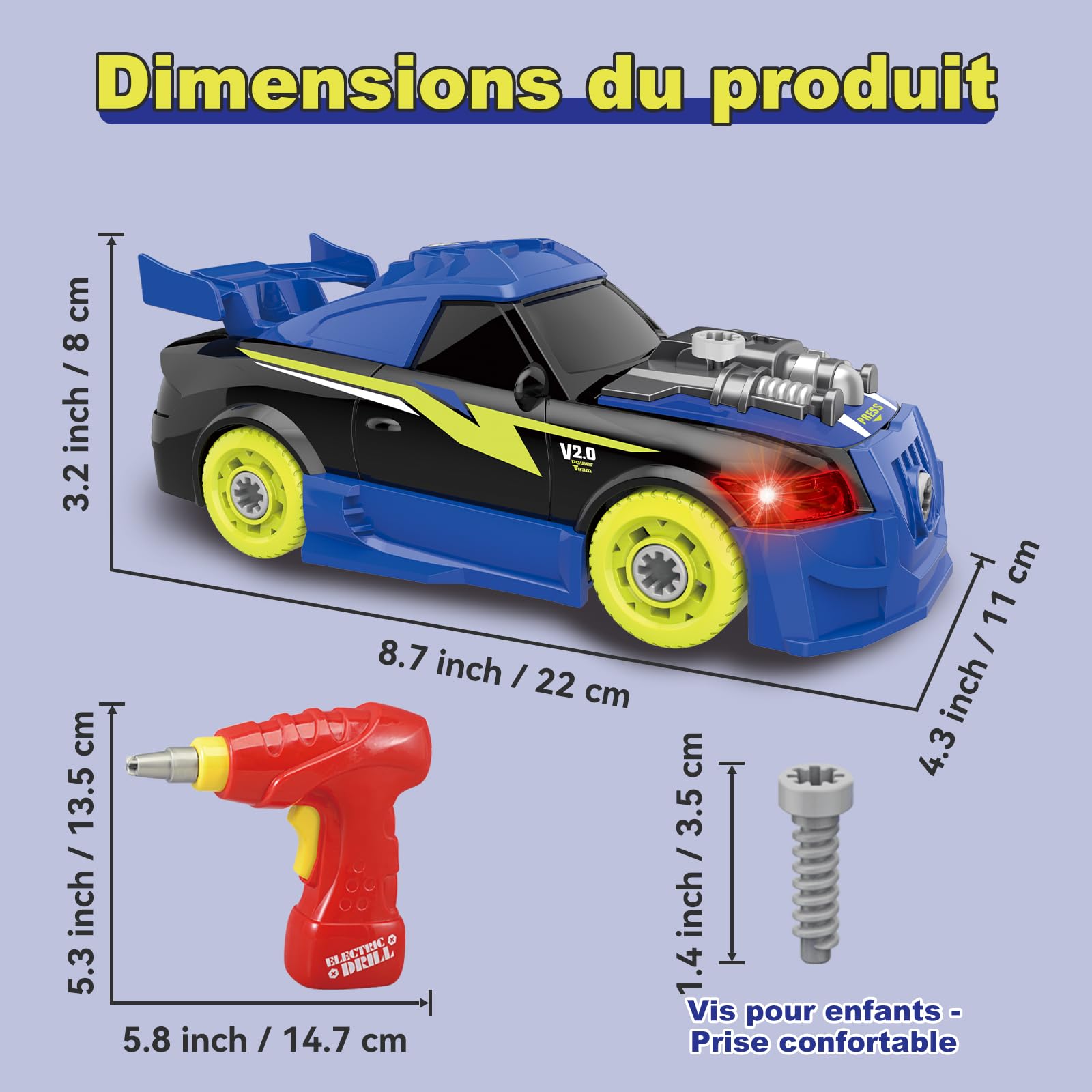Pup Go Voiture Démontable pour Enfants 3+ Ans, Idee Cadeau de Noël, Jouet Éducatif 26 Pièces avec Perceuse Électrique, Voiture à Construire avec LED et Sons Réalistes (Bleu)