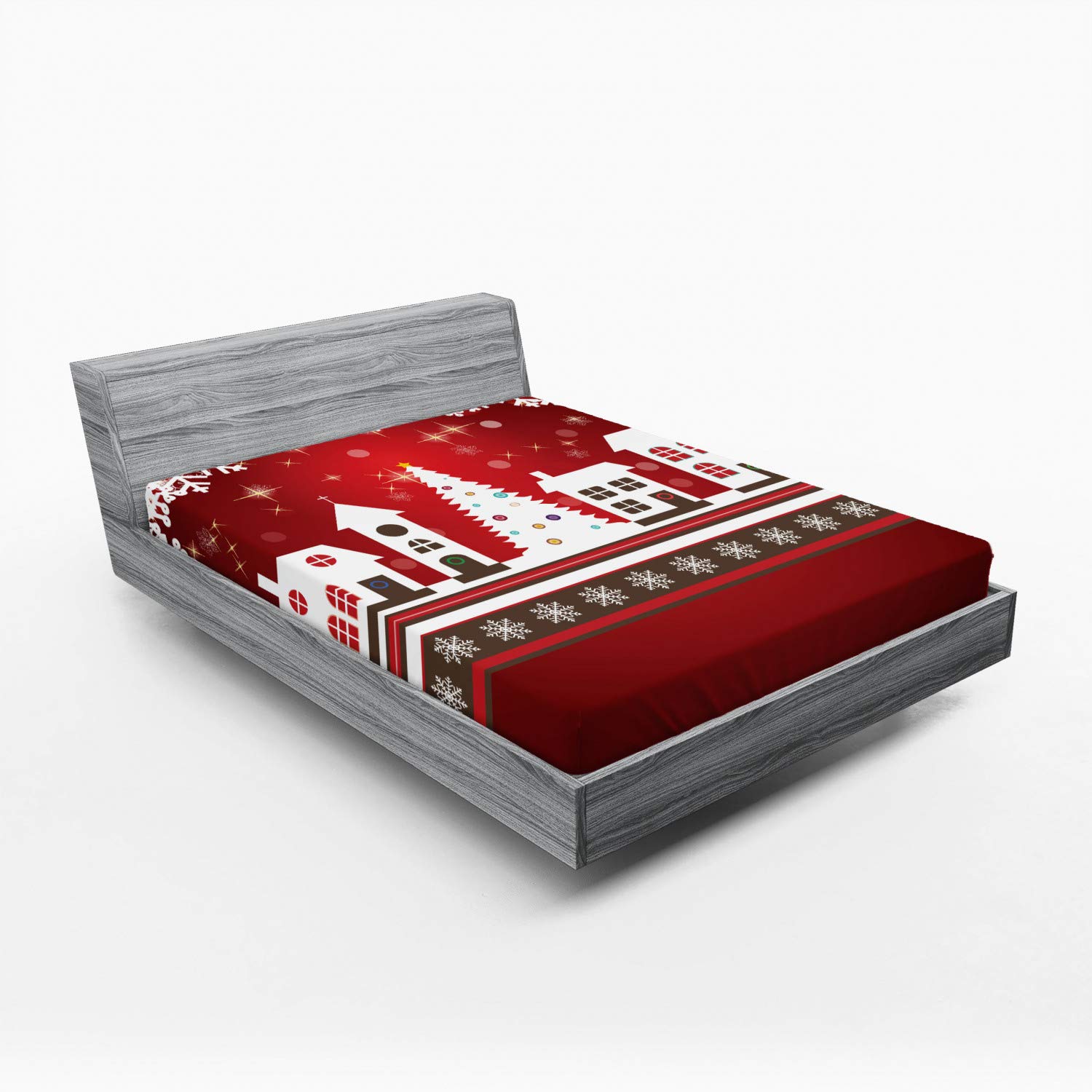 Ambesonne Christmas Fitted Sheet, Winter Holidays Theme Gingerbread House Trees and Snowflakes Art Print, Bed Cover with All-Round Elastic Pocket for Comfort, California King, White Red