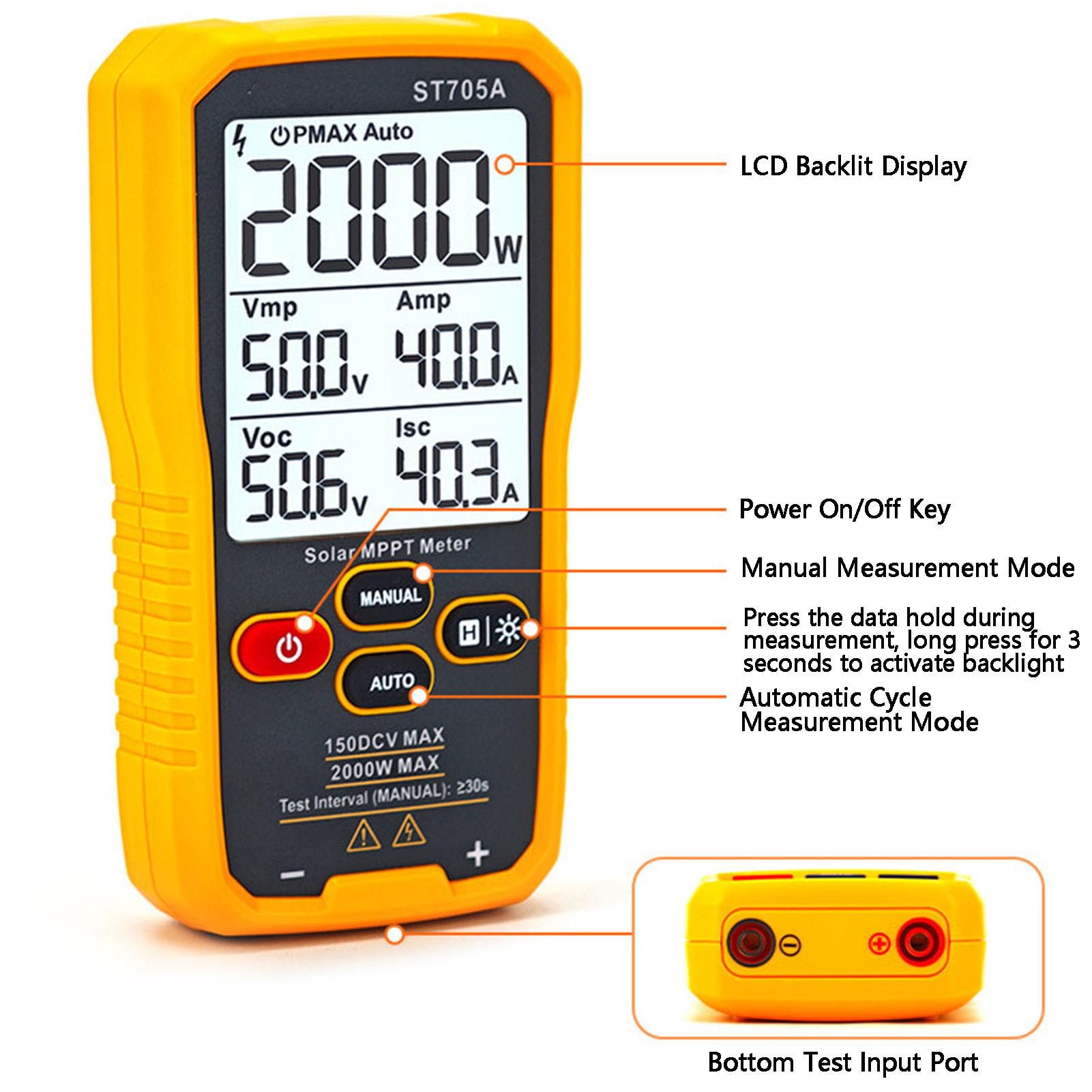 Luocute Tester Paneli Słonecznych MPPT 2000W 150VDC 45A | Podświetlany Ekran LCD o Przekątnej 3,2 Cala, Gumowa Obudowa, Automatyczne i Ręczne Tryby Pomiaru, Alarm Przekroczenia