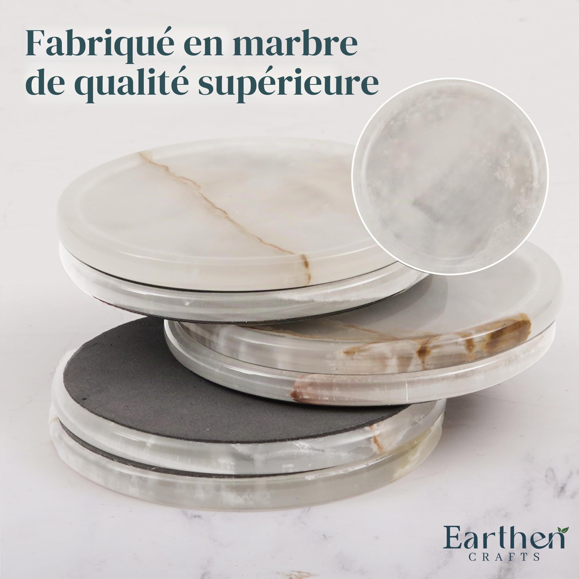 Lot de 6 Dessous de Verre Ronds en marbre avec Support et Couvercle, 8,9 cm, en Onyx Blanc, idéal pour Table à Manger, Table Basse et Bureau