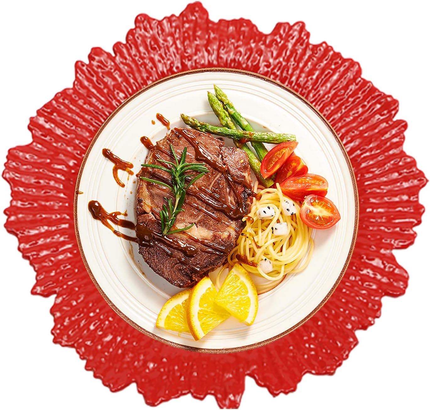 13 inch Charger Plates Set of 24, Round Plastic Reef Plate Chargers for Dinner Plates, Wedding, Party Elegant Decoration Place Mats, Reusable Coral Reef Texture Luxurious Decoration (Red)