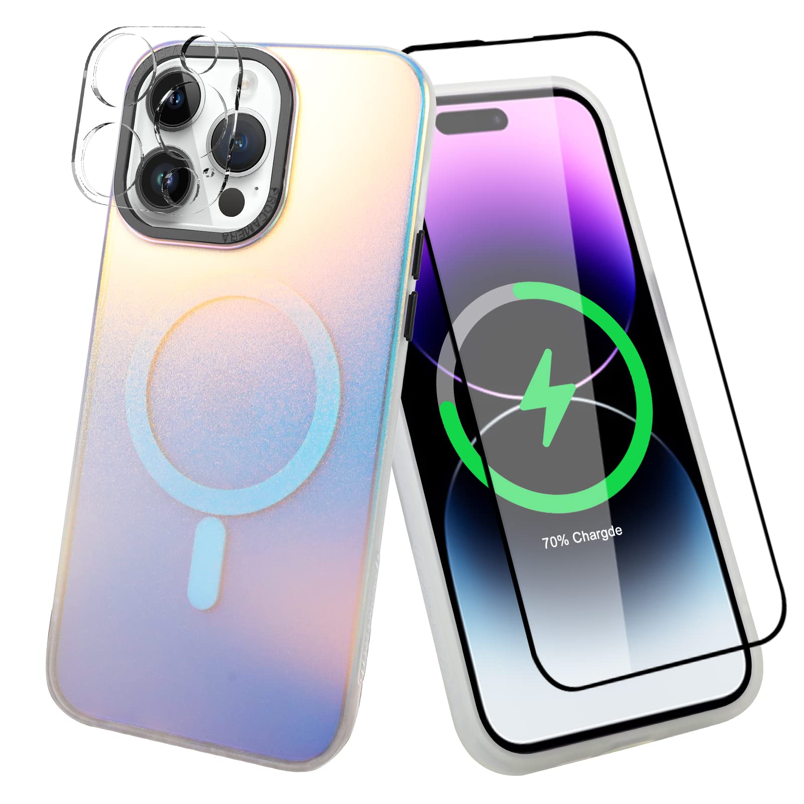 Gulinur Strong Magnetic Iridescent Matte Case for iPhone 14 Pro for Men Women Girls Translucent Slim [Compatible with Magsafe] Glass Screen Protector Shockproof Camera Len Protective Cover - Black