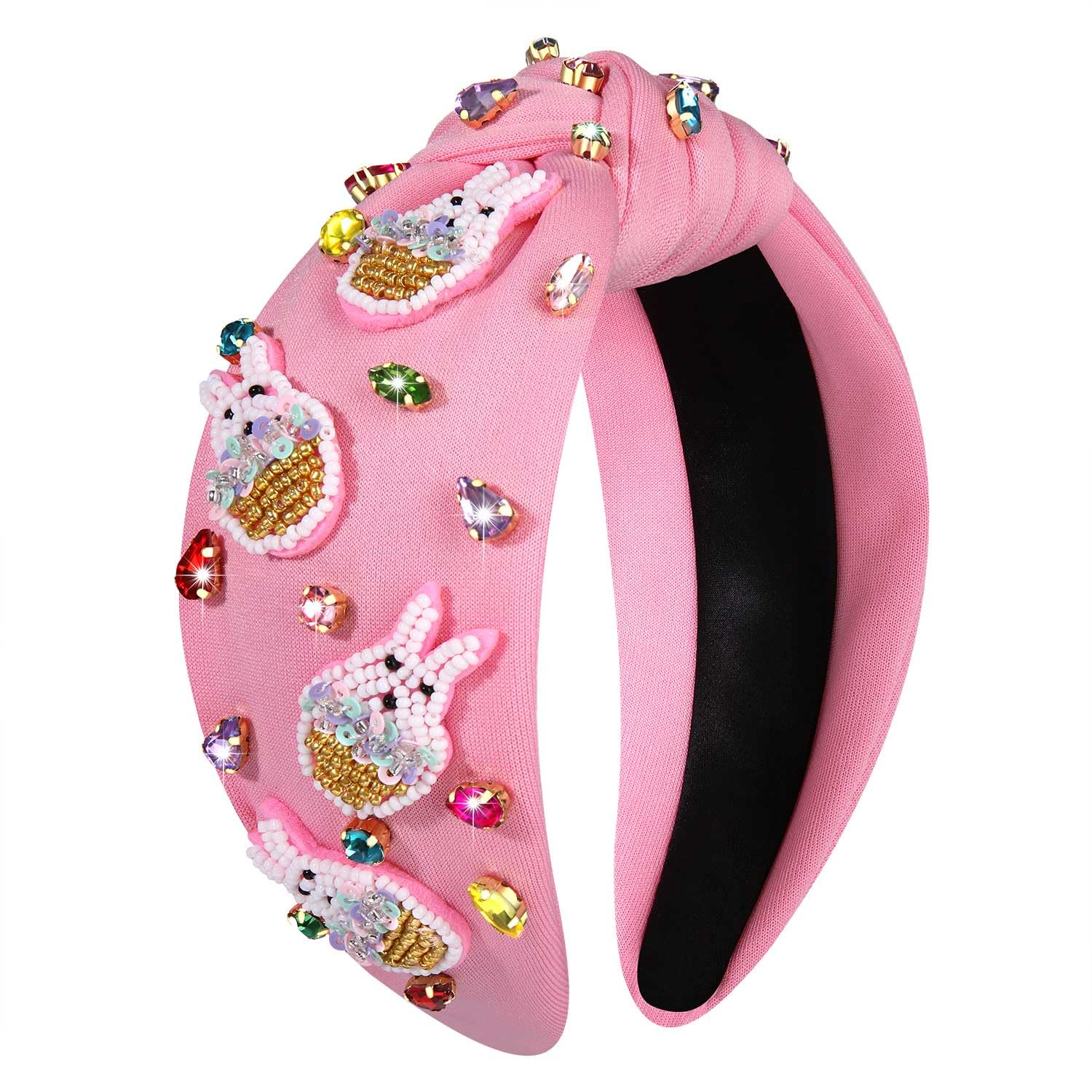 Easter Headband Spring Accessories for Women Easter Egg Bunny Knotted Headband Colorful Crystal Top Knot Headbands Spring Hair Accessories Gifts (EASTER-Pink)