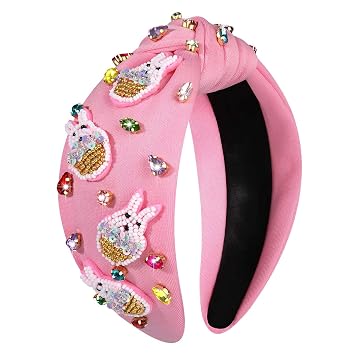 Easter Headbands for Women Girls Cute Easter Bunny Headband Jeweled Crystal Embellished Knotted Headband Holiday Party Hair Accessories Beaded Bunny-Pink