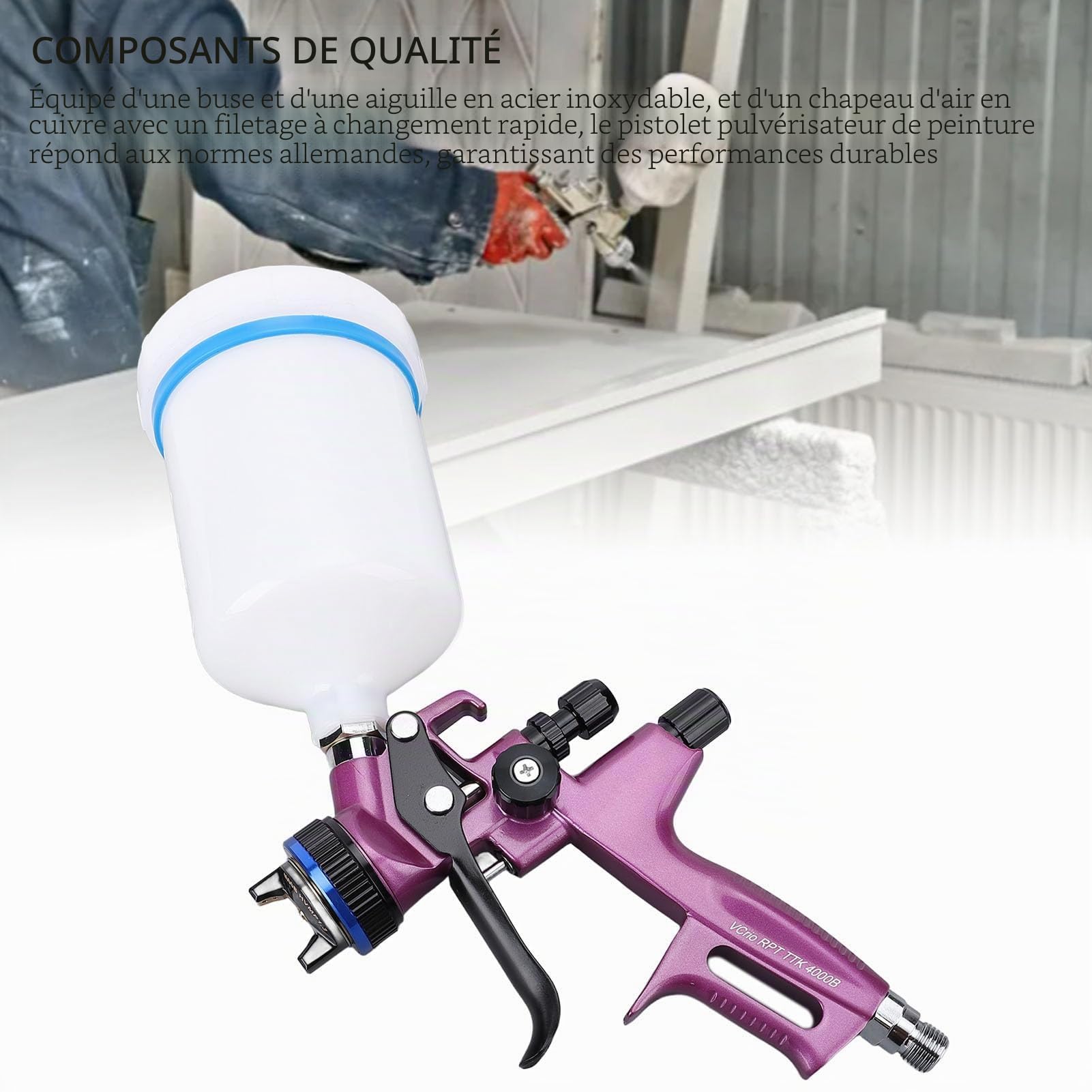 Kit de Pistolet Pulvérisateur HVLP avec Pointe de 1,3 Mm, Pulvérisateur de Peinture Professionnel 4000B avec Gobelet d'alimentation de 600 ML, Motif et Taux de Pulvérisation