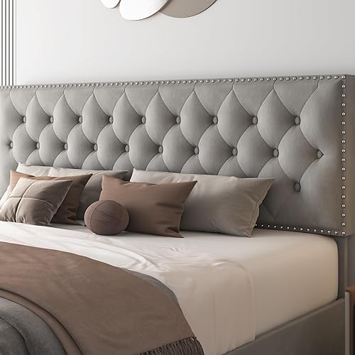 Miniatura 4 de HOSTACK Base de cama de tamaño matrimonial con 4 cajones de almacenamiento, cama moderna con plataforma tapizada con cabecera ajustable, base de