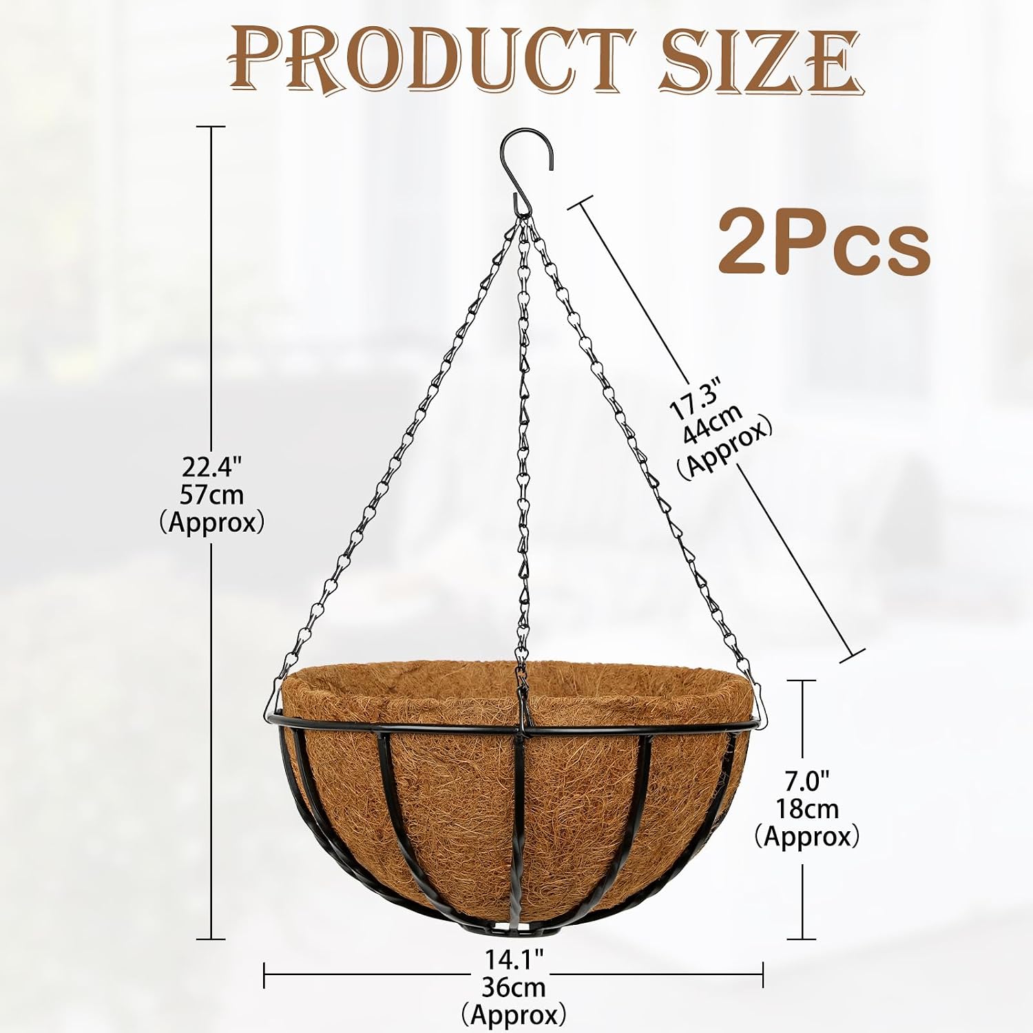 14 Inch Metal Hanging Basket with Coco Coir Liner for Flowers Planting, 2 Pack Hanging Baskets for Plants Outdoor, Round Wire Twisted Planters with Chain for Home Patio Porch Balcony Garden Decor