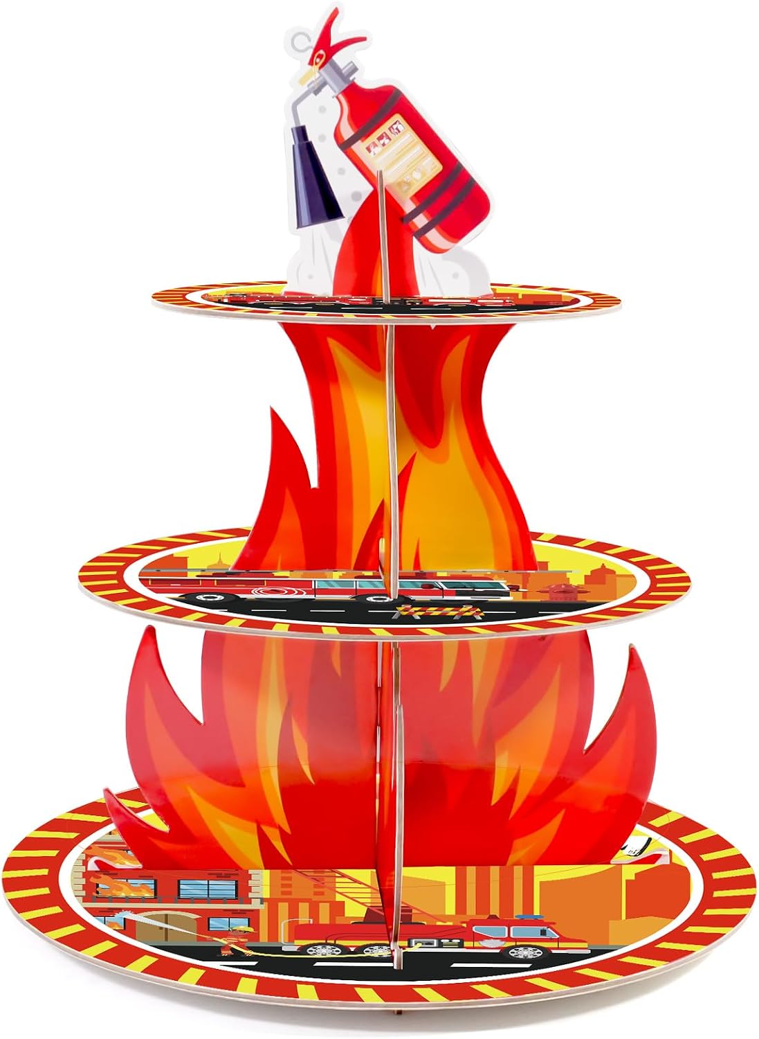 3-Tier Firetruck Birthday Party Cupcake Stand, Firefighter-Themed Party Supplies for Kids' Firetruck Theme Birthday Parties and Baby Showers