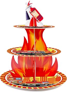 3-Tier Firetruck Birthday Party Cupcake Stand, Firefighter-Themed Party Supplies for Kids Firetruck Theme Birthday Parties and Baby Showers