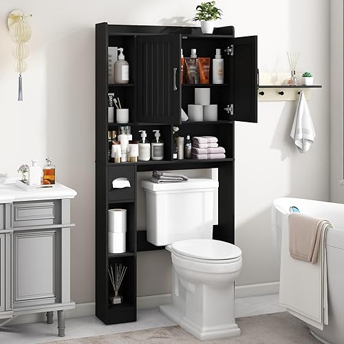 Vista 4 de Vabches Armario de Almacenamiento Sobre el Inodoro, Armario de Almacenamiento Estilo Granja Sobre Inodoro con Puerta de Granero, Estante de Inodoro