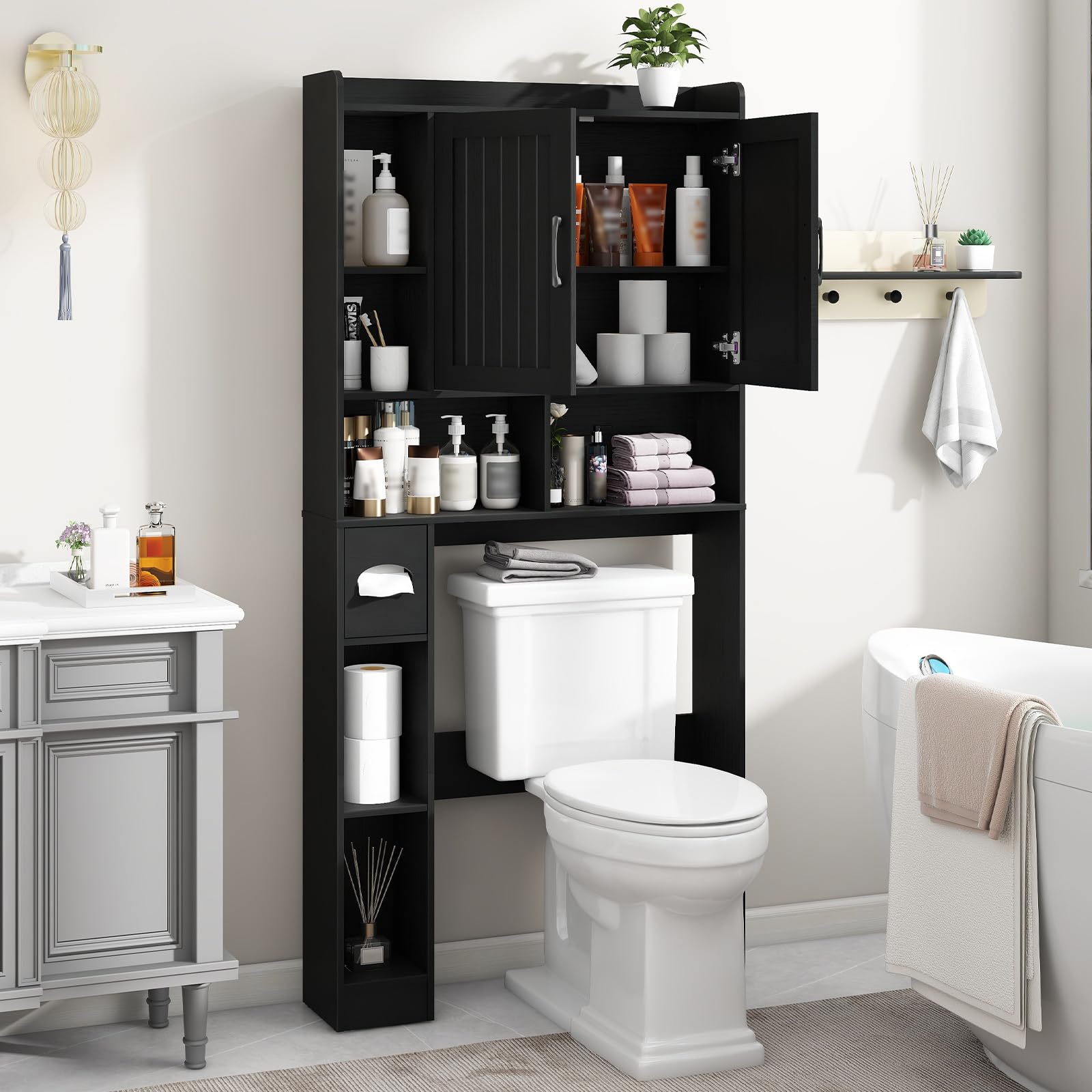 Vabches Over The Toilet Storage Cabinet, Farmhouse Storage Cabinet Over Toilet with Barn Door, Home Space-Saving Toilet Rack, for Bathroom, Restroom, Laundry(Black).: Black Barn Doors