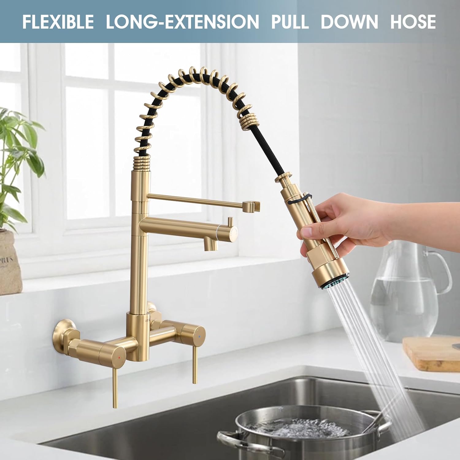 Wall Mount Kitchen Faucet with Pull Down Sprayer, 8 Inch Center Commercial High Arc Kitchen Sink Faucet, 2 Handle Wall Mount Faucet for Kitchen Sink, Brushed Golden