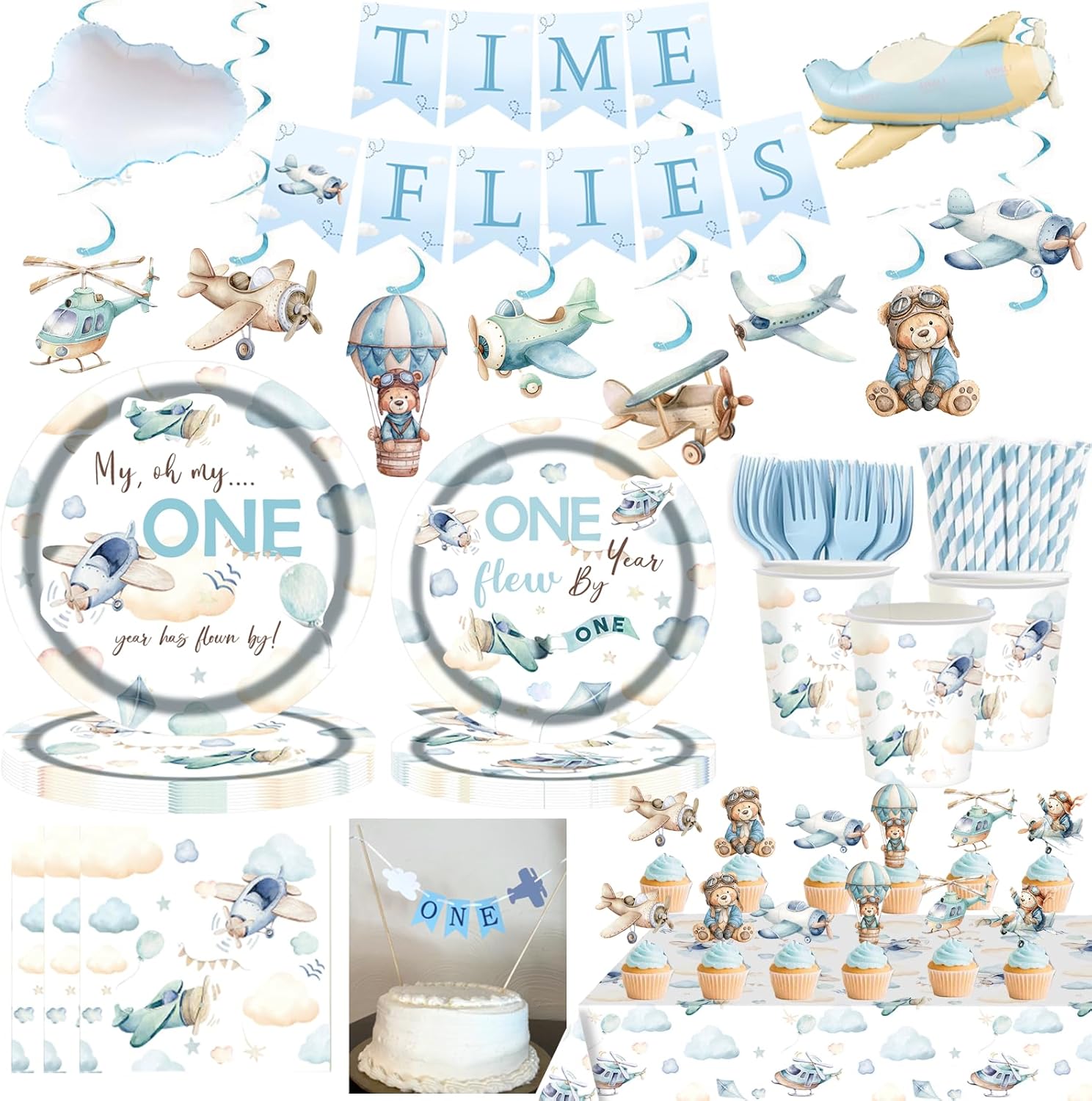Time Flies 1st Birthday Decorations Kit – 180 PCs Complete Airplane 1st Birthday Party Supplies Tableware Set for Boy One Year Old Party