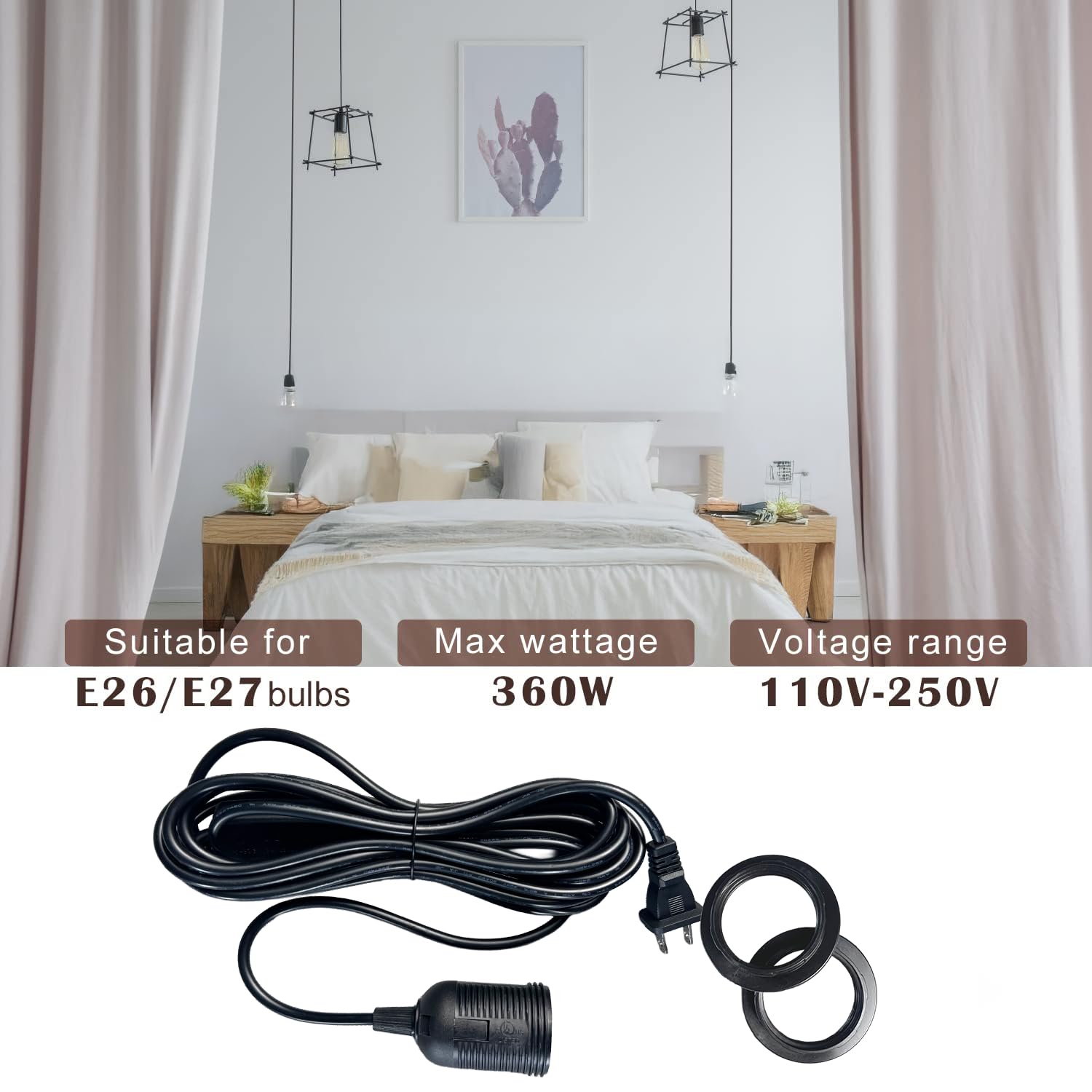Plug in Pendant Light Cord with E26/E27 Socket, 15FT Flexible Cable, On/Off Switch, and Lampshade Holder – Ideal for DIY Lighting –Regular Black