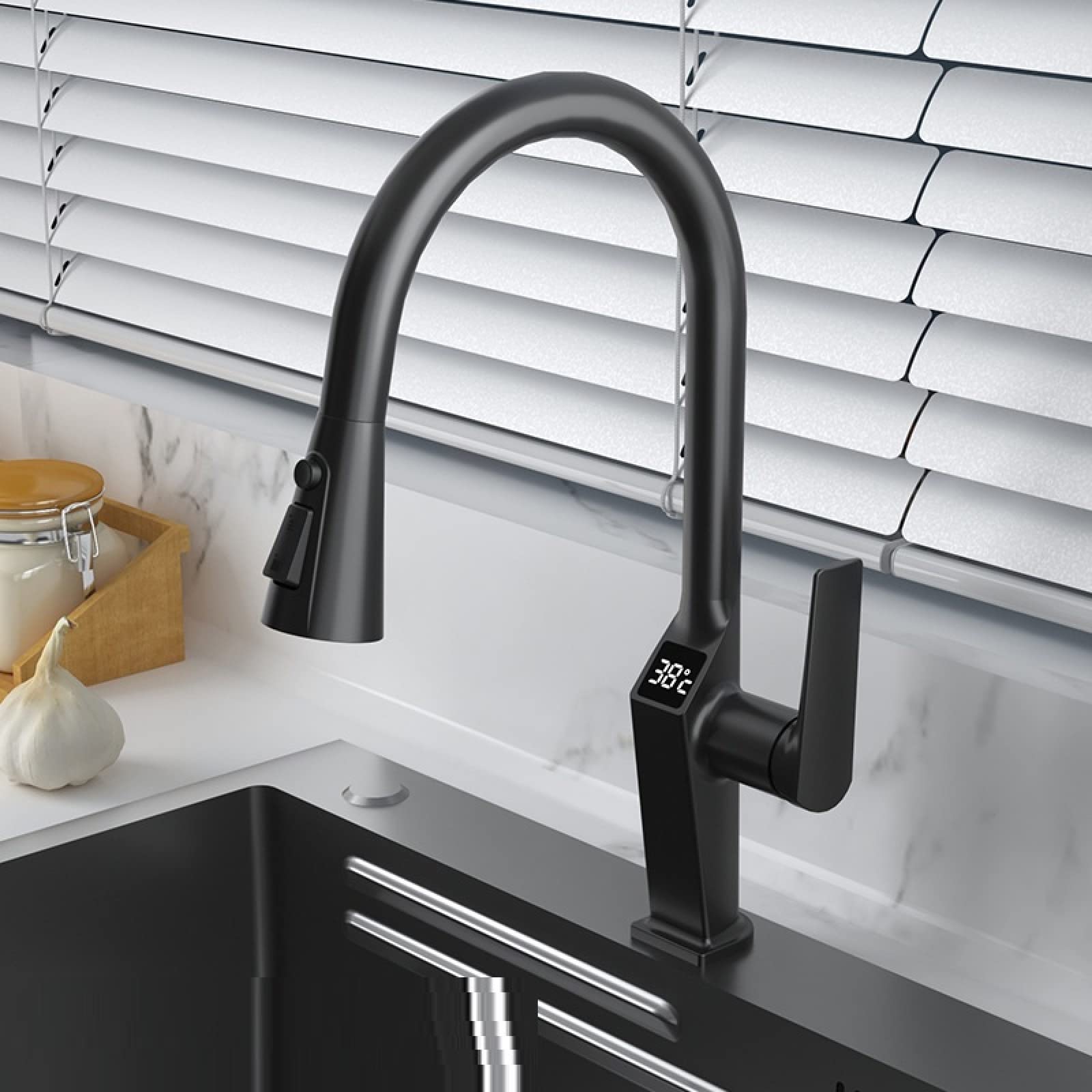 Pistola pulverizadora universal para grifo de cocina de 60 cm, manguera telescópica, agua caliente y fría, pantalla digital, diseño giratorio gris, perfecto para una fácil limpieza y uso versátil