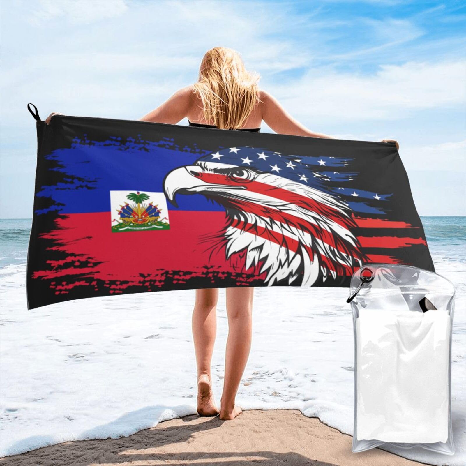 HACXZ America Flag and Haitian Flag Microfiber Beach Towel Lightweight Absorbent Travel Pool for Men Women 31.5"X63"
