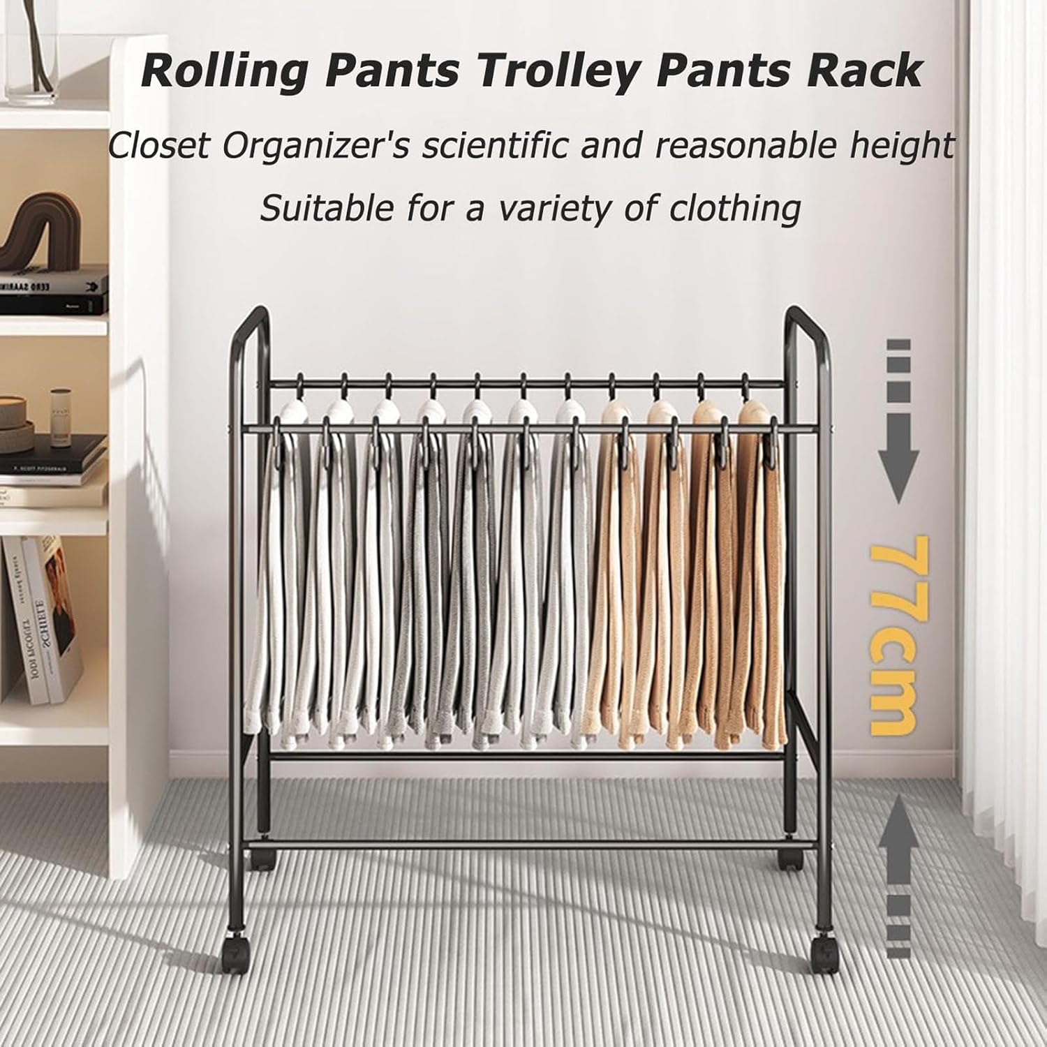 Pant Trolley, Floor-Standing Trouser Hanger, Rolling Pants Rack With Wheels, Storage Holder For Clothes, Scarf & Towel, Space-Saving Design, Durable And Versatile Organiz,Black W: 75cm-24 Hooks