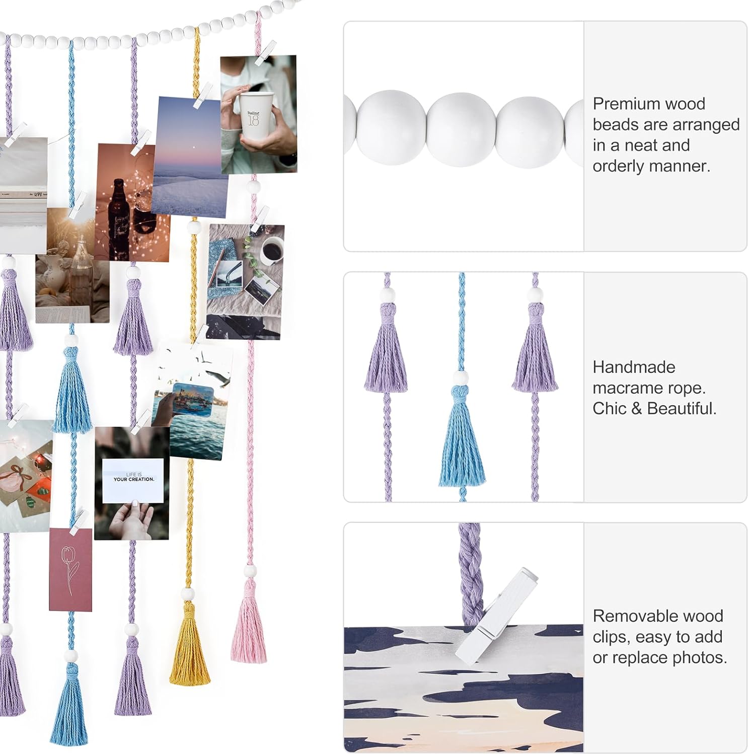 Mkono Macrame Hanging Photo Display Wall Decor with String Lights and Macrame Floating Shelves Boho Wall Decor Set of 2