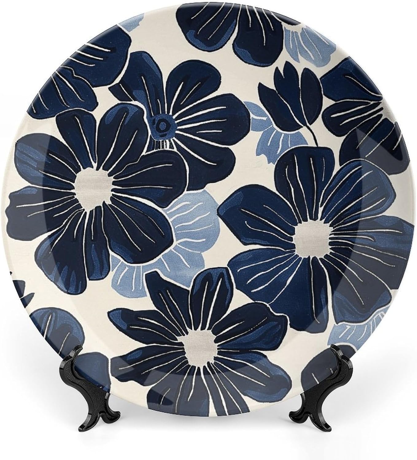 Bone China Decorative Plates Navy Blue Flowers Ceramic Decorative Plate Wall Decor with Display Stand Ceramic Ornaments for Wall Hanging Decoration