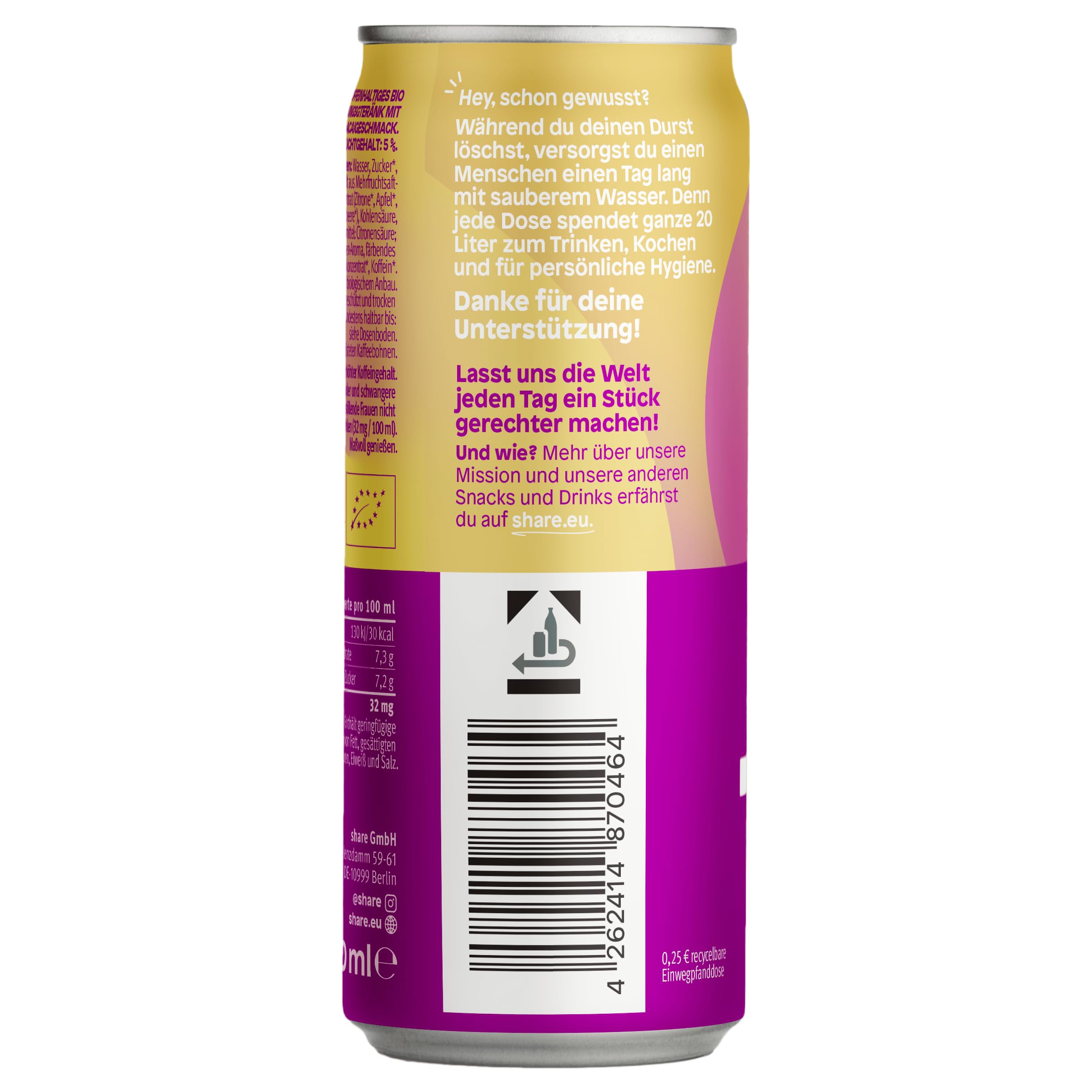 share Bio Koffein Drink Beere & Acai (24 x 250 ml) | Vegan, Koffeinhaltiges Erfrischungsgetränk, 80 mg natürliches Koffein aus Bio-Kaffeebohnen pro Dose, Jeder Kauf spendet