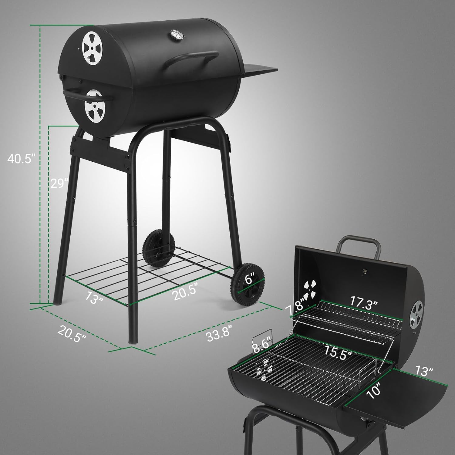 Barrel Charcoal Grill Outdoor BBQ Barbecue Backyard with Foldable Side Table