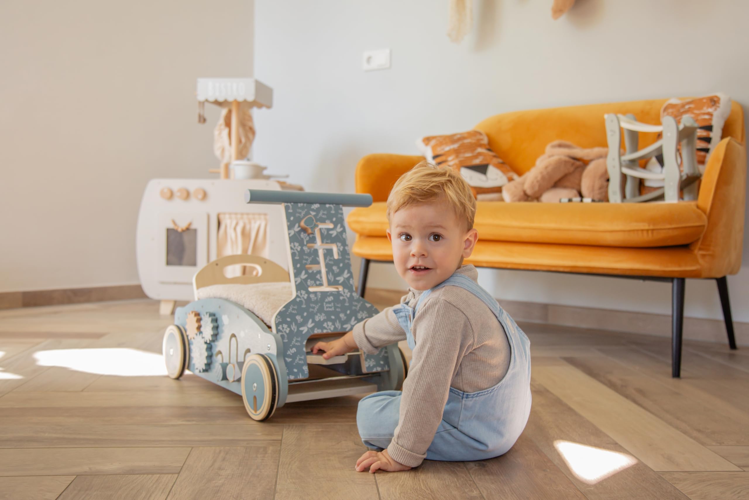 3in1 Lauflernwagen aus Holz personalisiert Olive – Lauflernhilfe, Rutscheauto & Wippe in einem – Montessori Motorikspiel – Stabiler Baby Schiebewagen für erste Schritte – Geschenk zum 1. Geburtstag